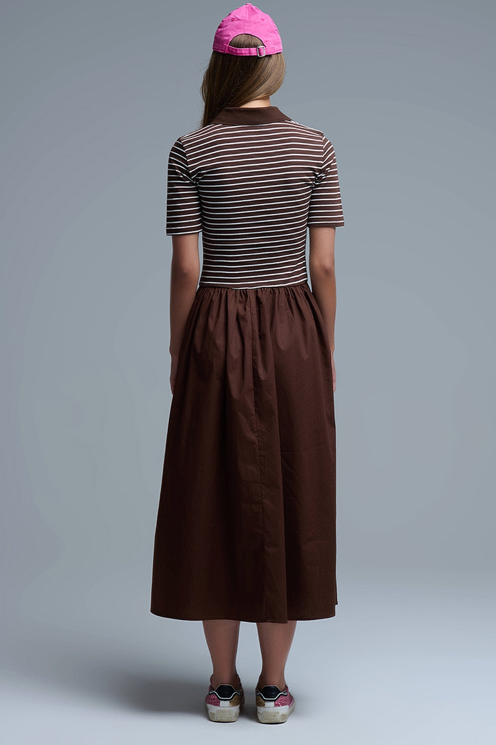 Abito con top a righe Polo e gonna midi in popeline di colore marrone