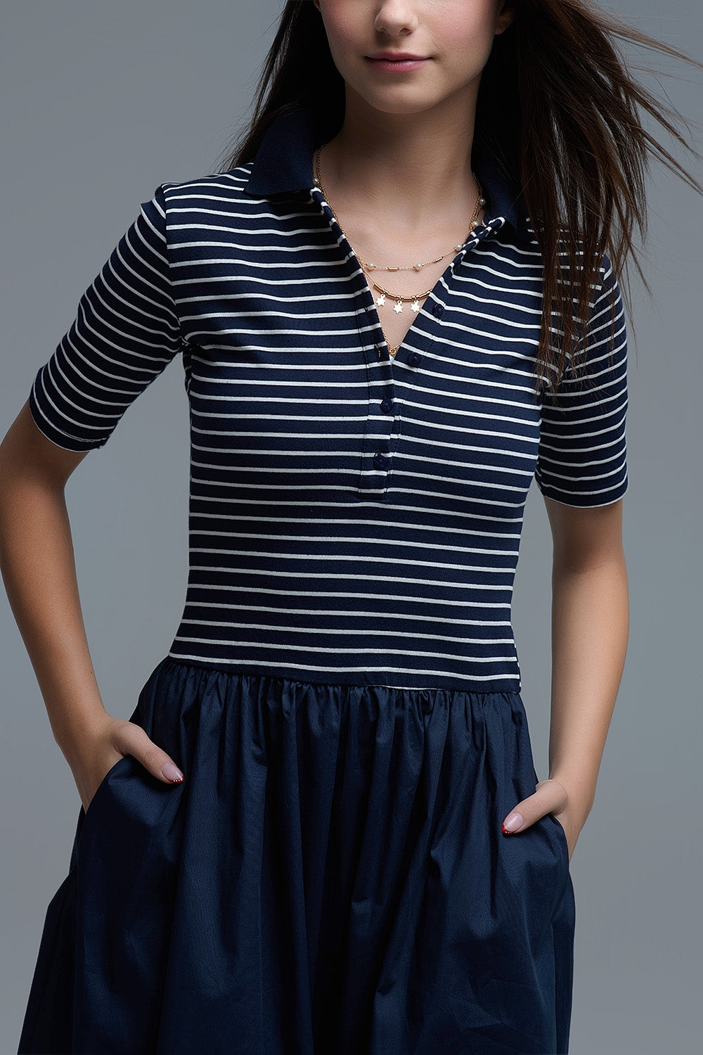 Abito con top a righe Polo e gonna midi in popeline in Marina
