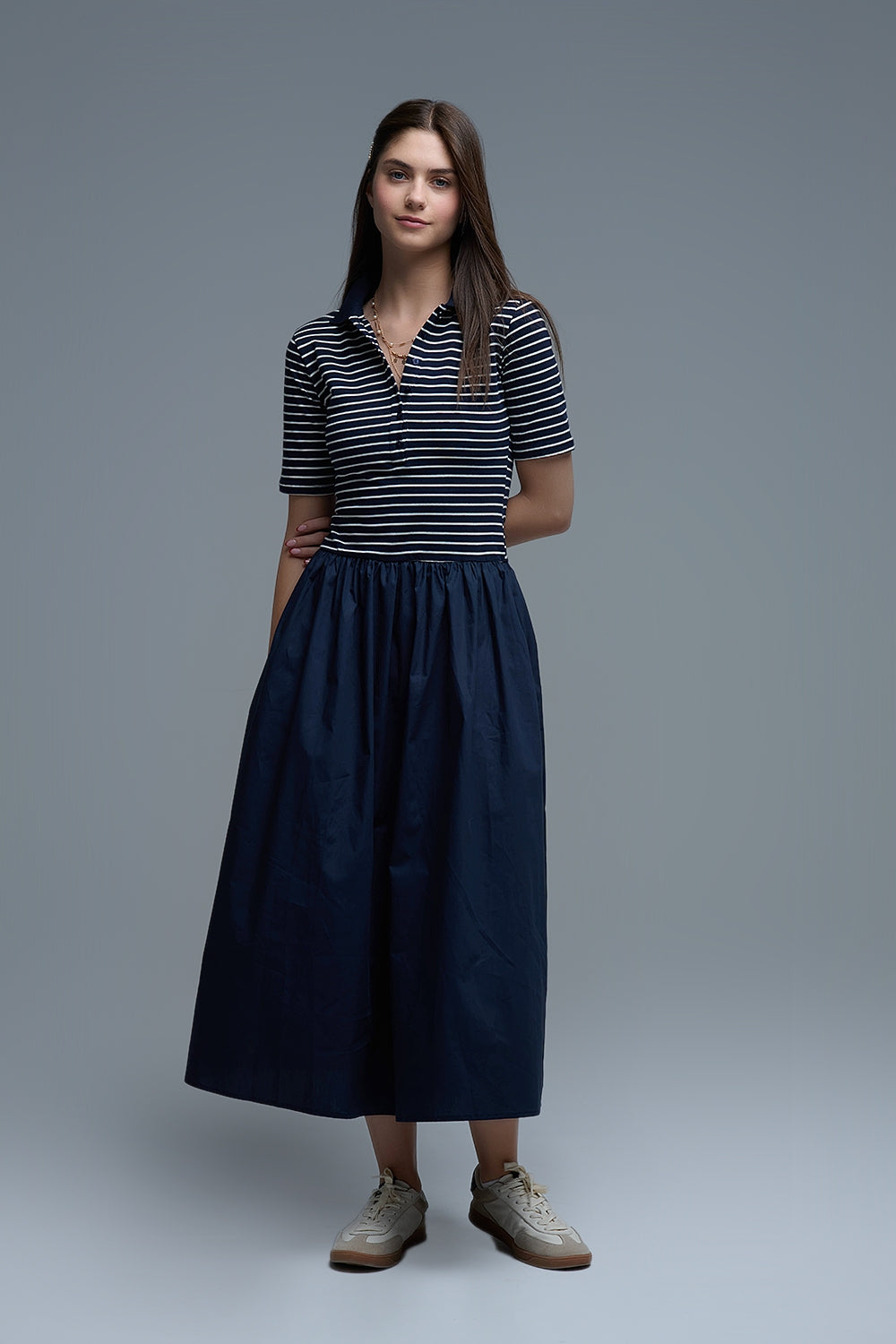 Abito con top a righe Polo e gonna midi in popeline in Marina