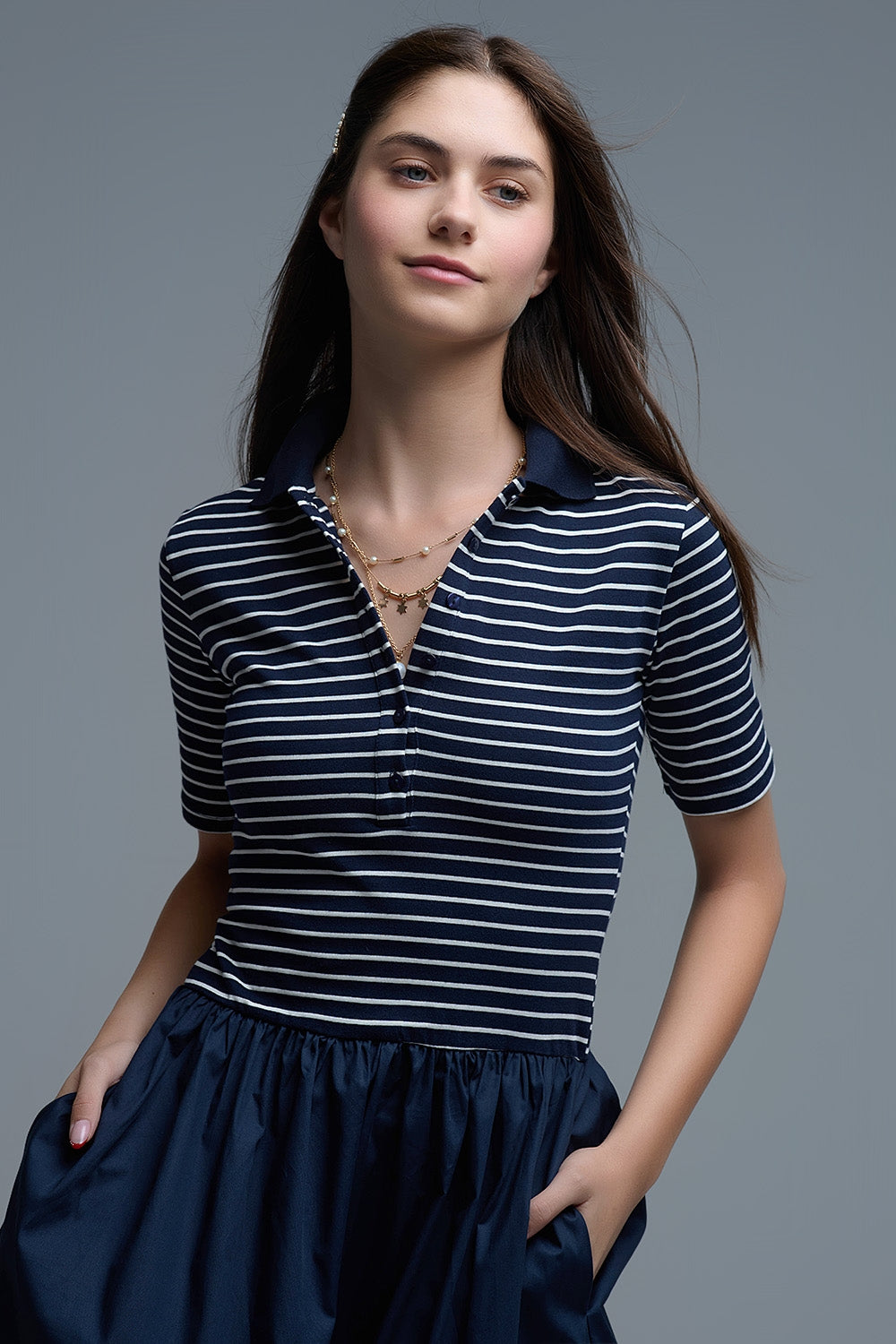 Abito con top a righe Polo e gonna midi in popeline in Marina