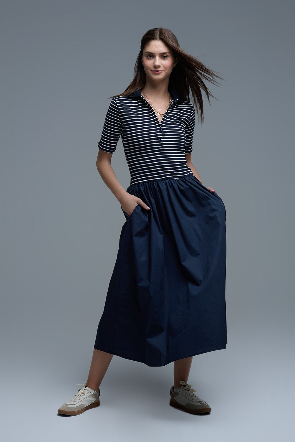 Abito con top a righe Polo e gonna midi in popeline in Marina