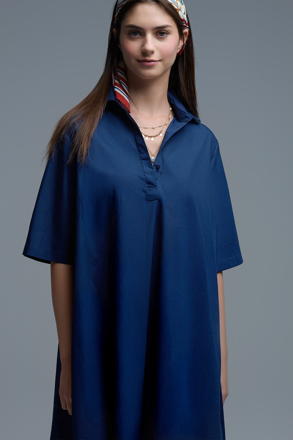 Abito oversize in popeline con manica a 3/4 in blu scuro
