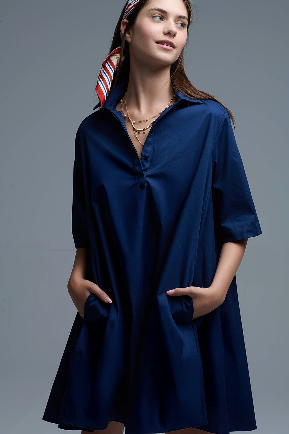 Abito oversize in popeline con manica a 3/4 in blu scuro