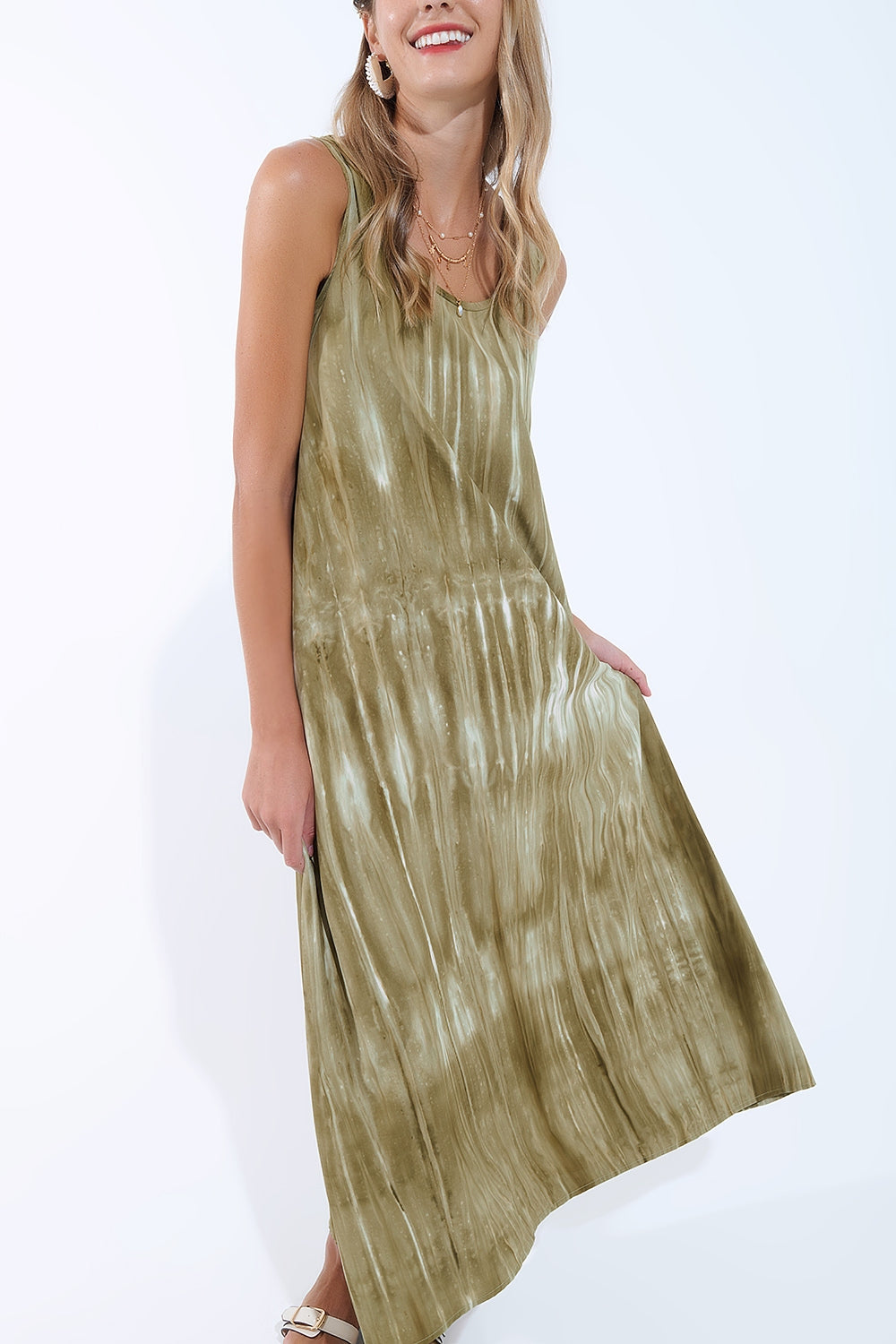 Abito rilassato Boho in Kakhi Green Tie Dye in tessuto di alta qualità