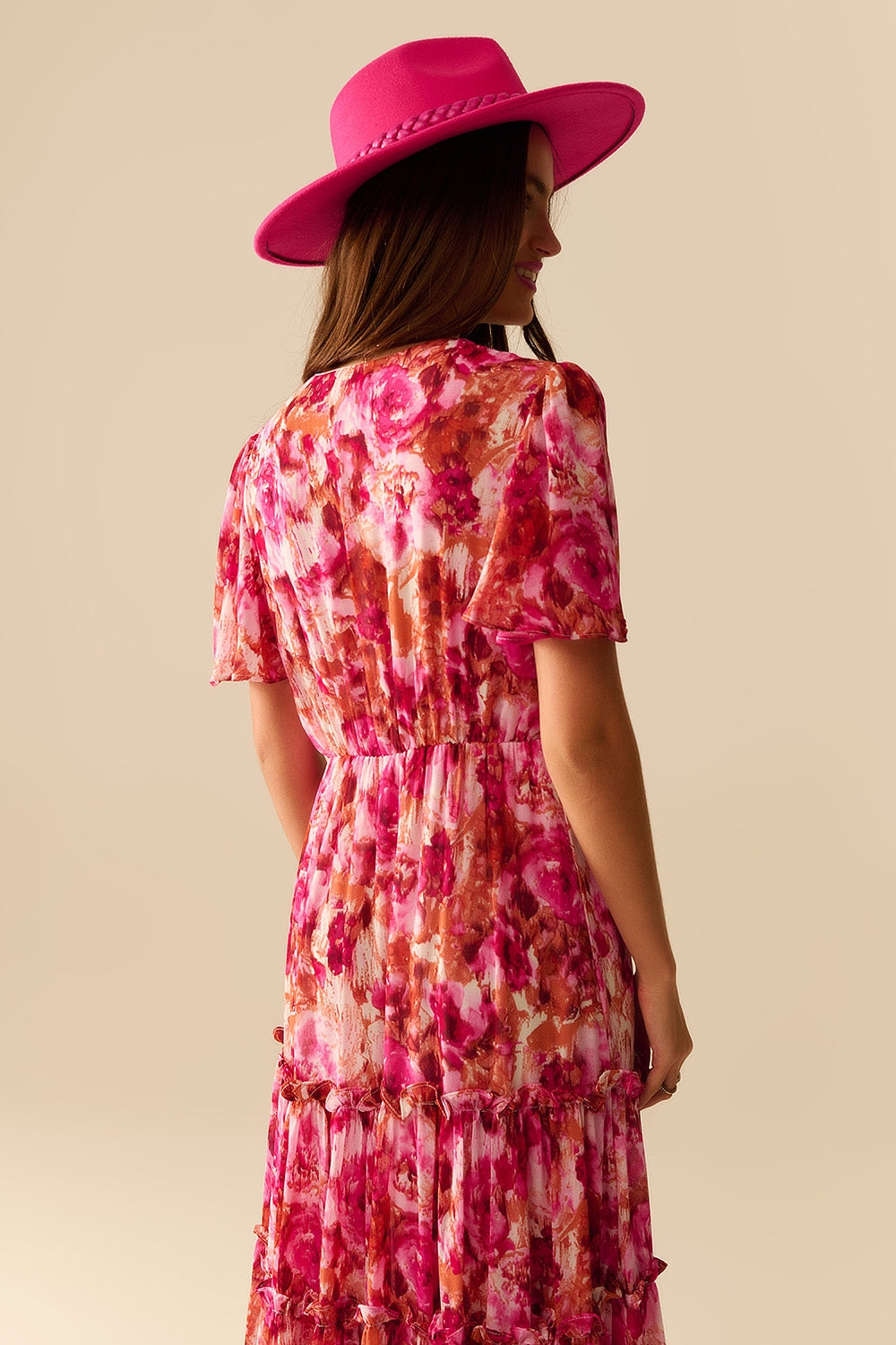 Abito romantico maxi a strati con stampa floreale in chiffon rosa