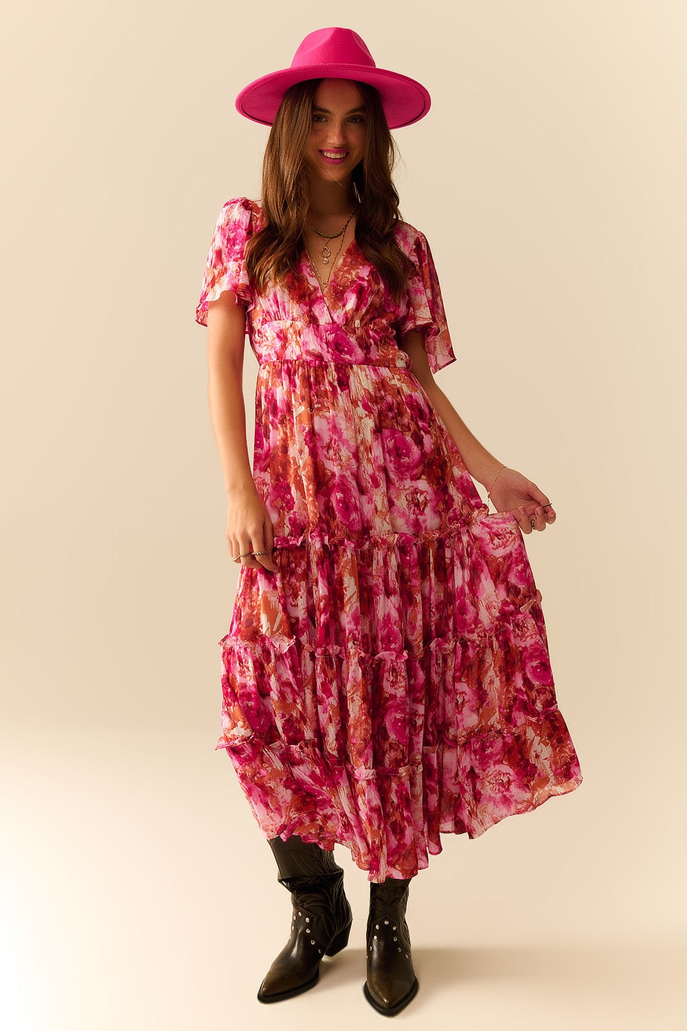 Abito romantico maxi a strati con stampa floreale in chiffon rosa