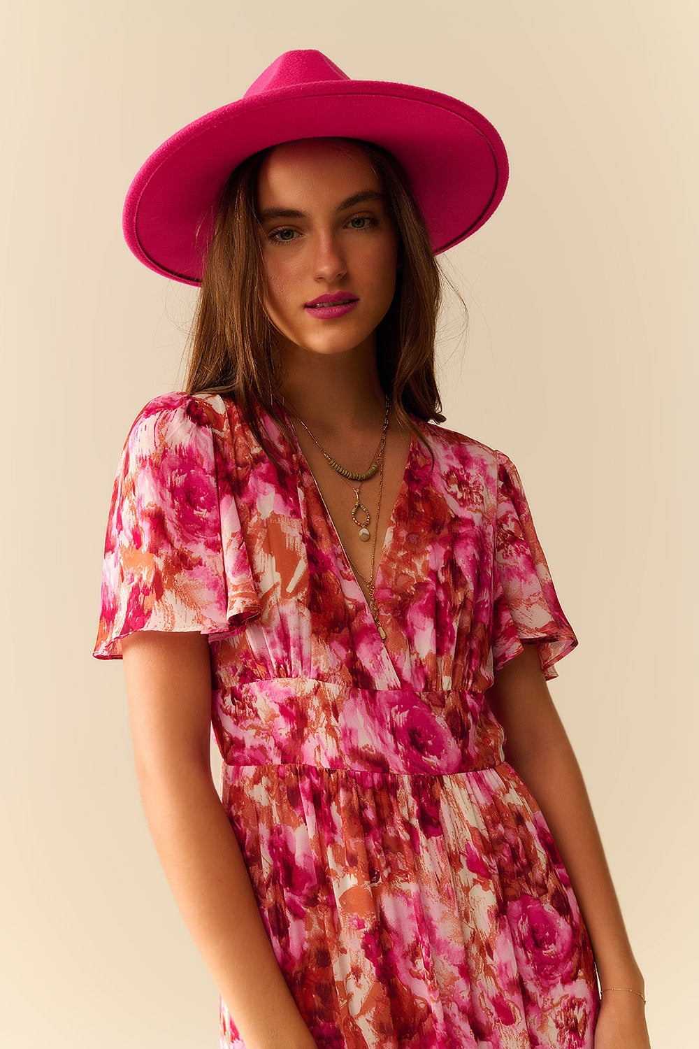 Abito romantico maxi a strati con stampa floreale in chiffon rosa