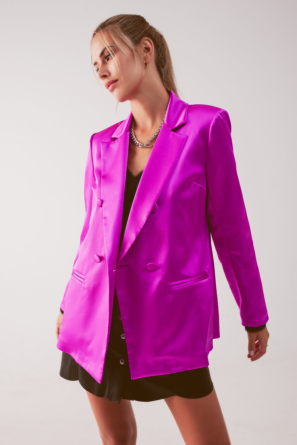 Q2 Blazer doppiopetto da abito in raso fucsia