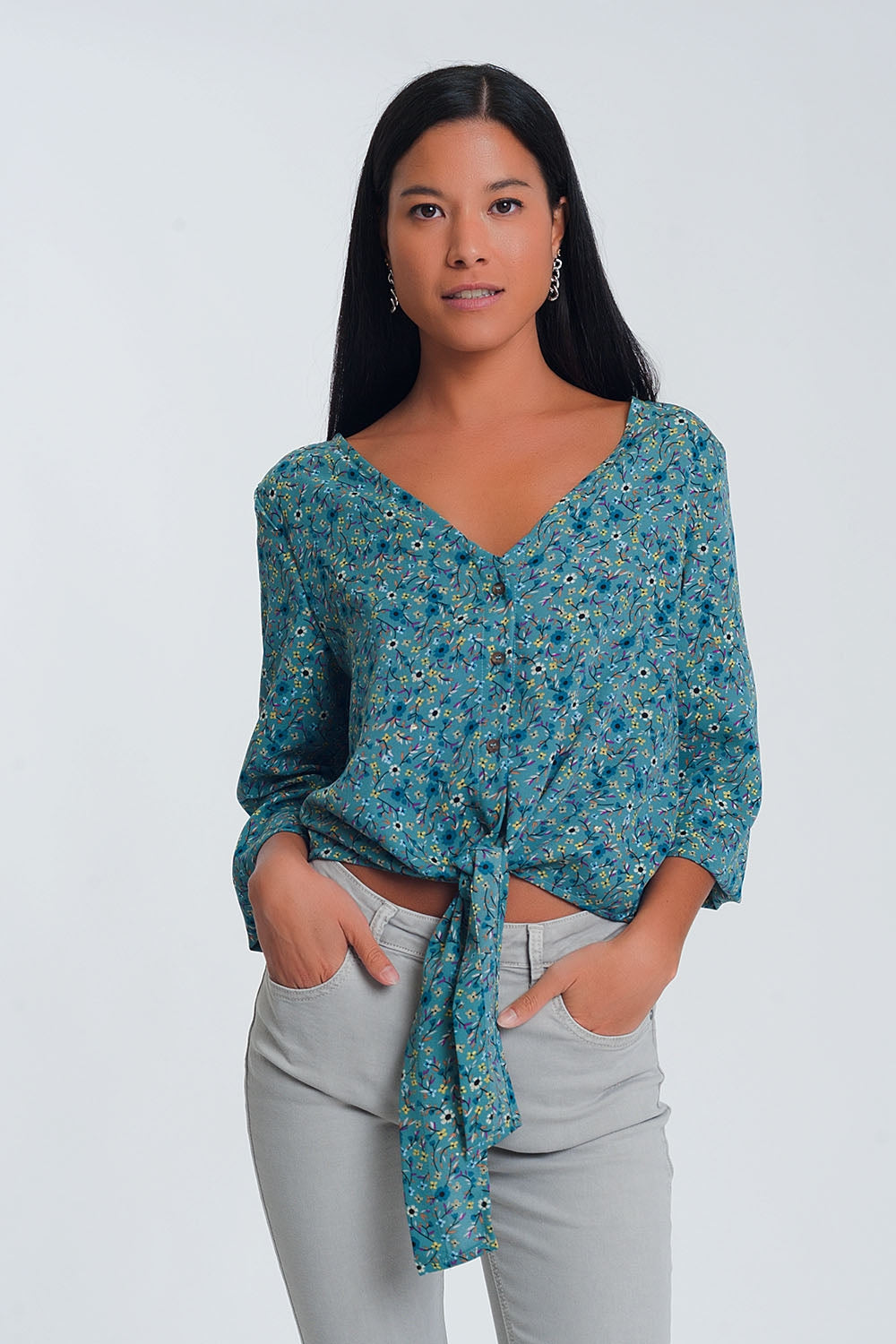 Q2 Blusa a maniche lunghe con scollo a V bottoni e stampa a fiori verde