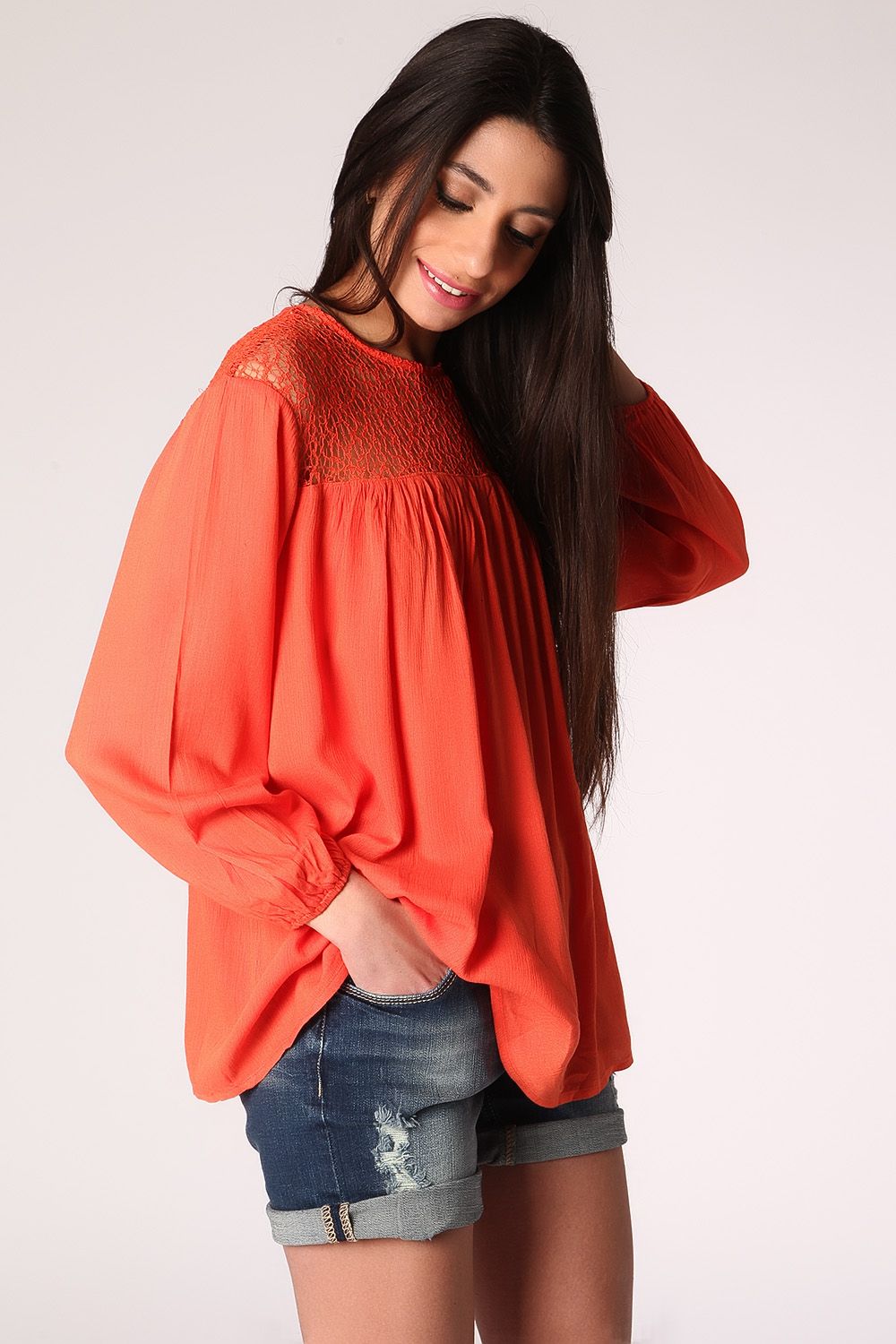 Blusa grembiule con reticolo arancio