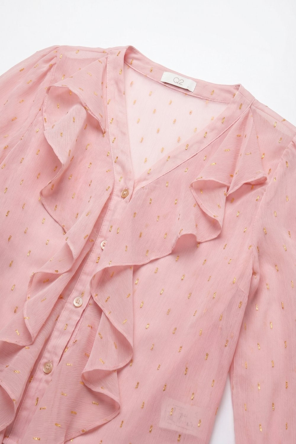 Blusa in Chiffon con Volant e Bottoni a Pois Dorati in Rosa Chiaro