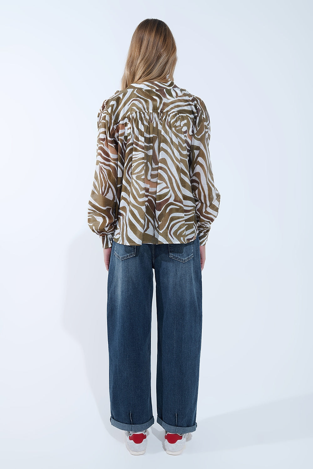 blusa in chiffon fluida con stampa zebrata color kaki