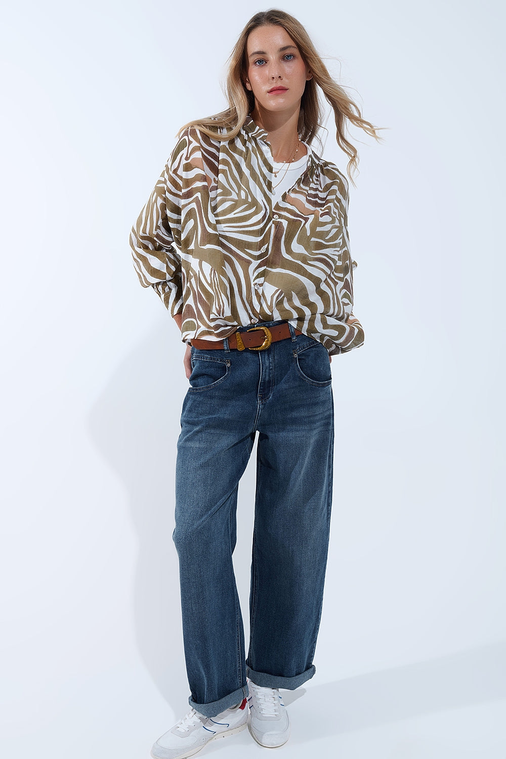 blusa in chiffon fluida con stampa zebrata color kaki