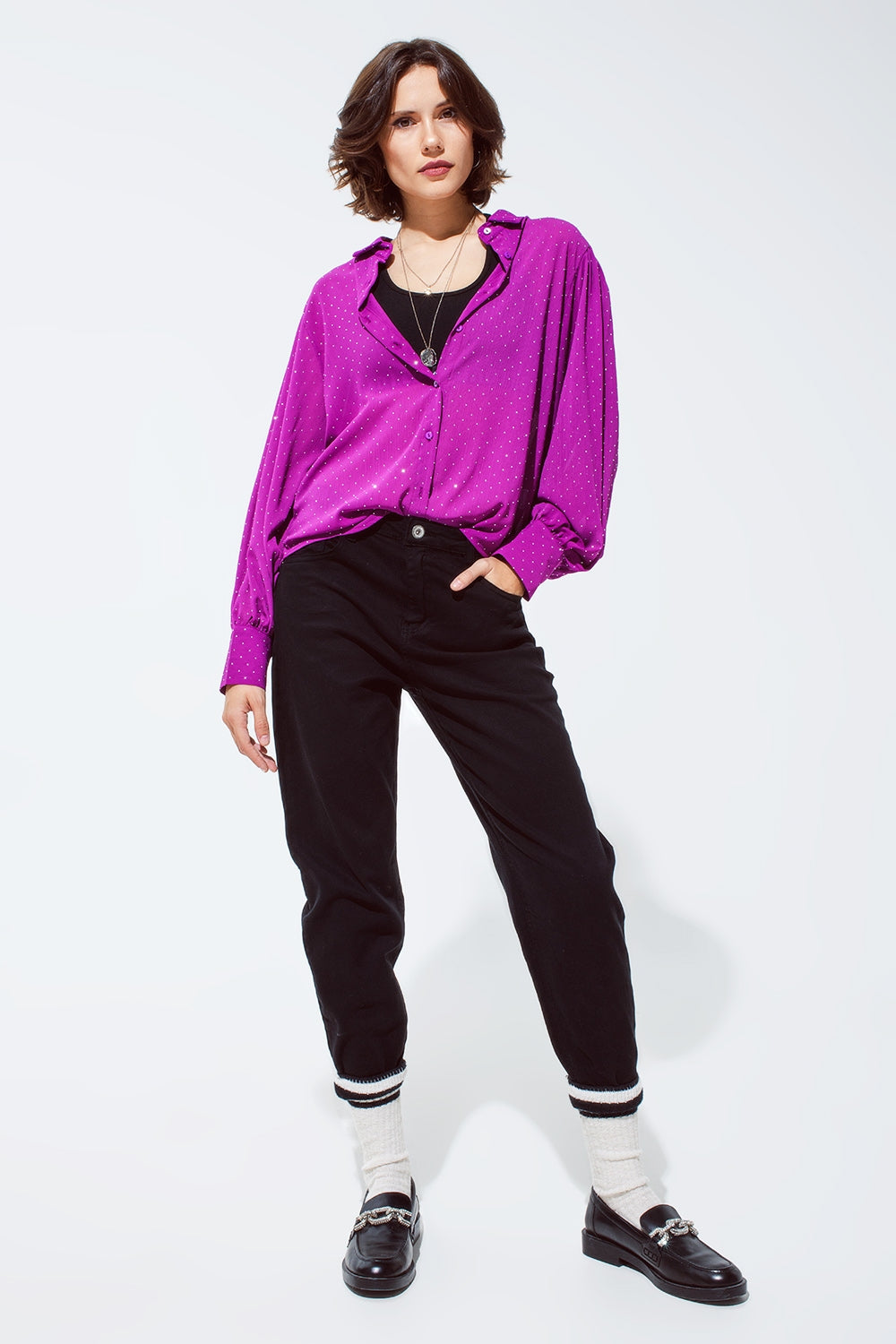 Blusa in magenta con dettagli strass
