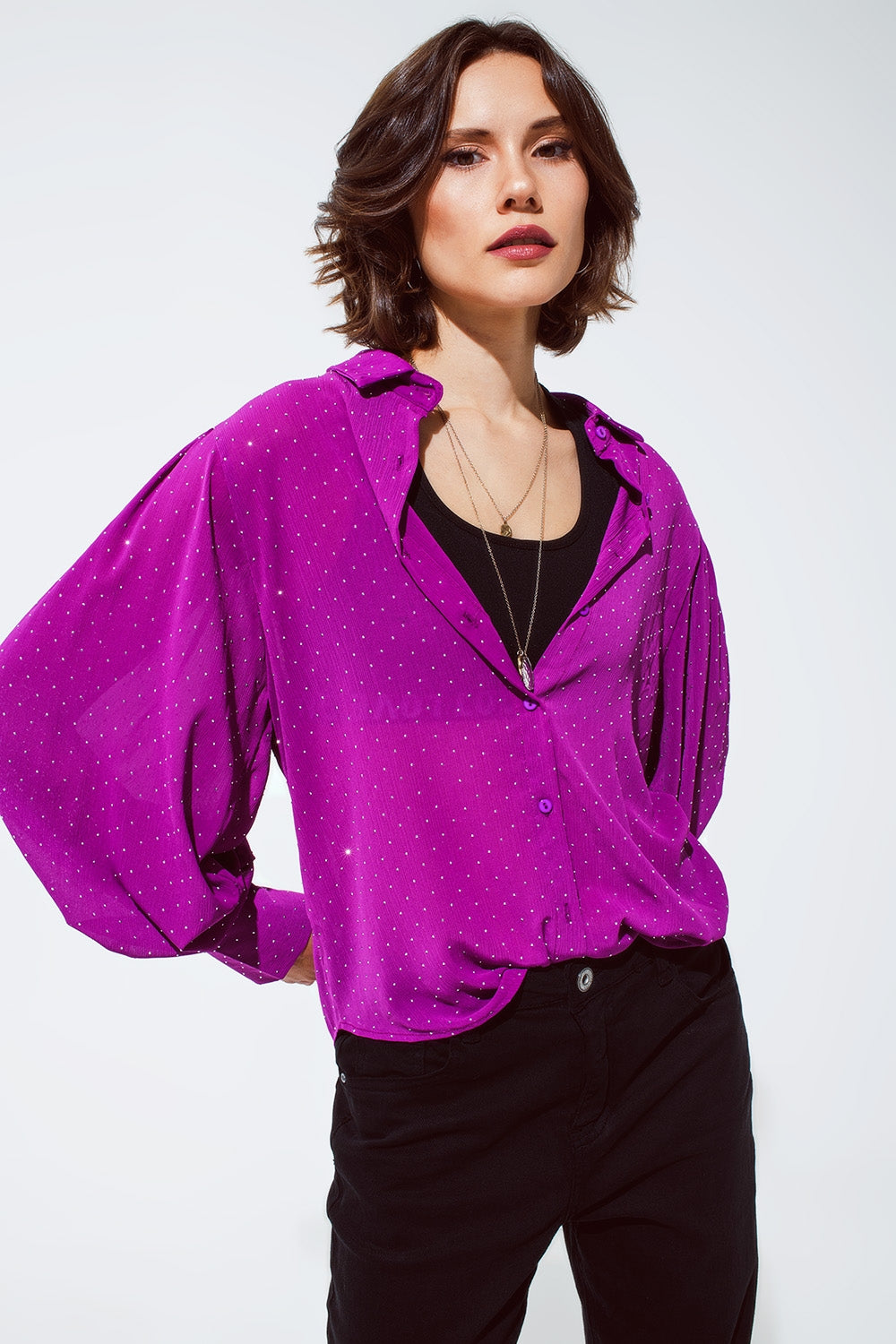 Blusa in magenta con dettagli strass