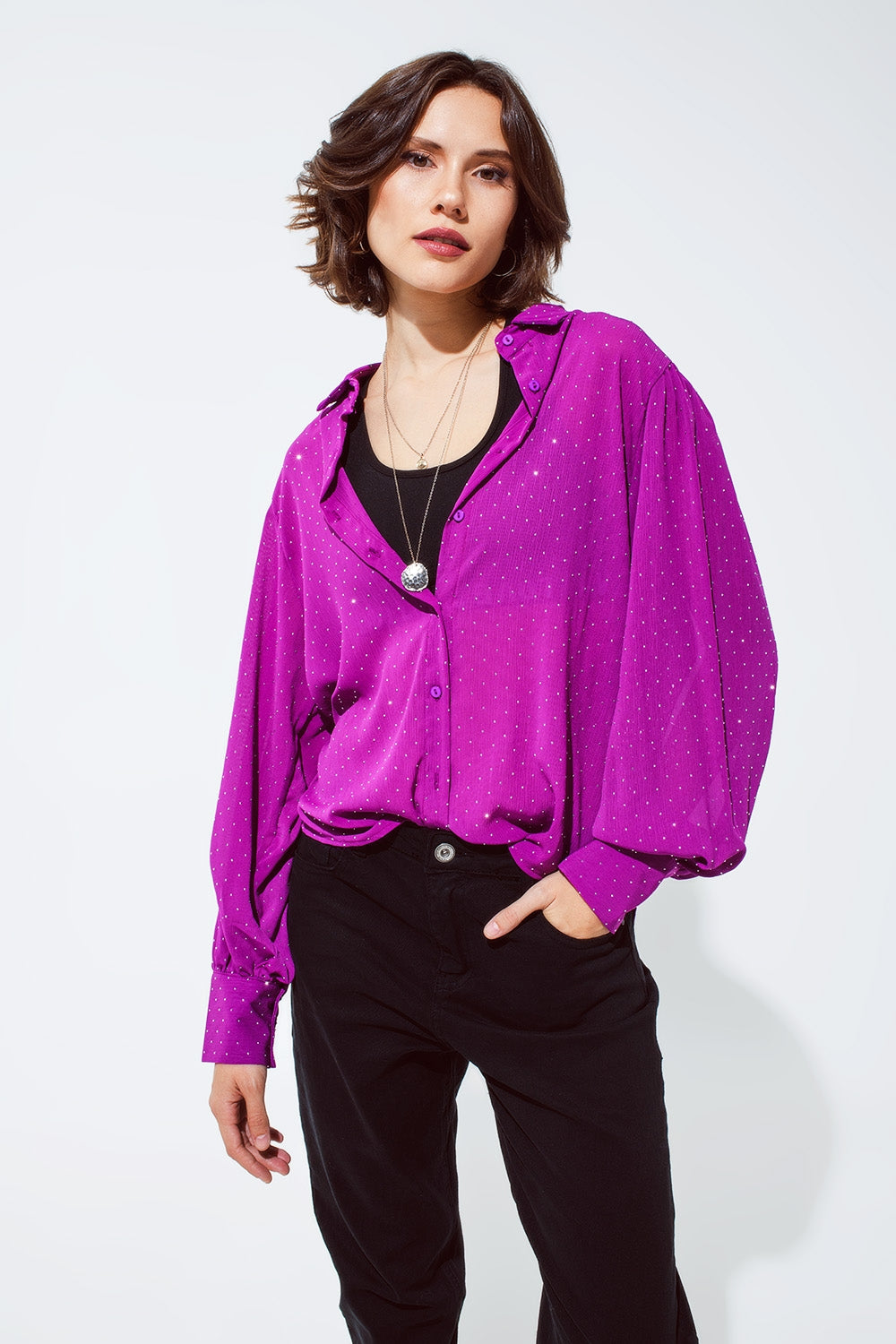 Q2 Blusa in magenta con dettagli strass