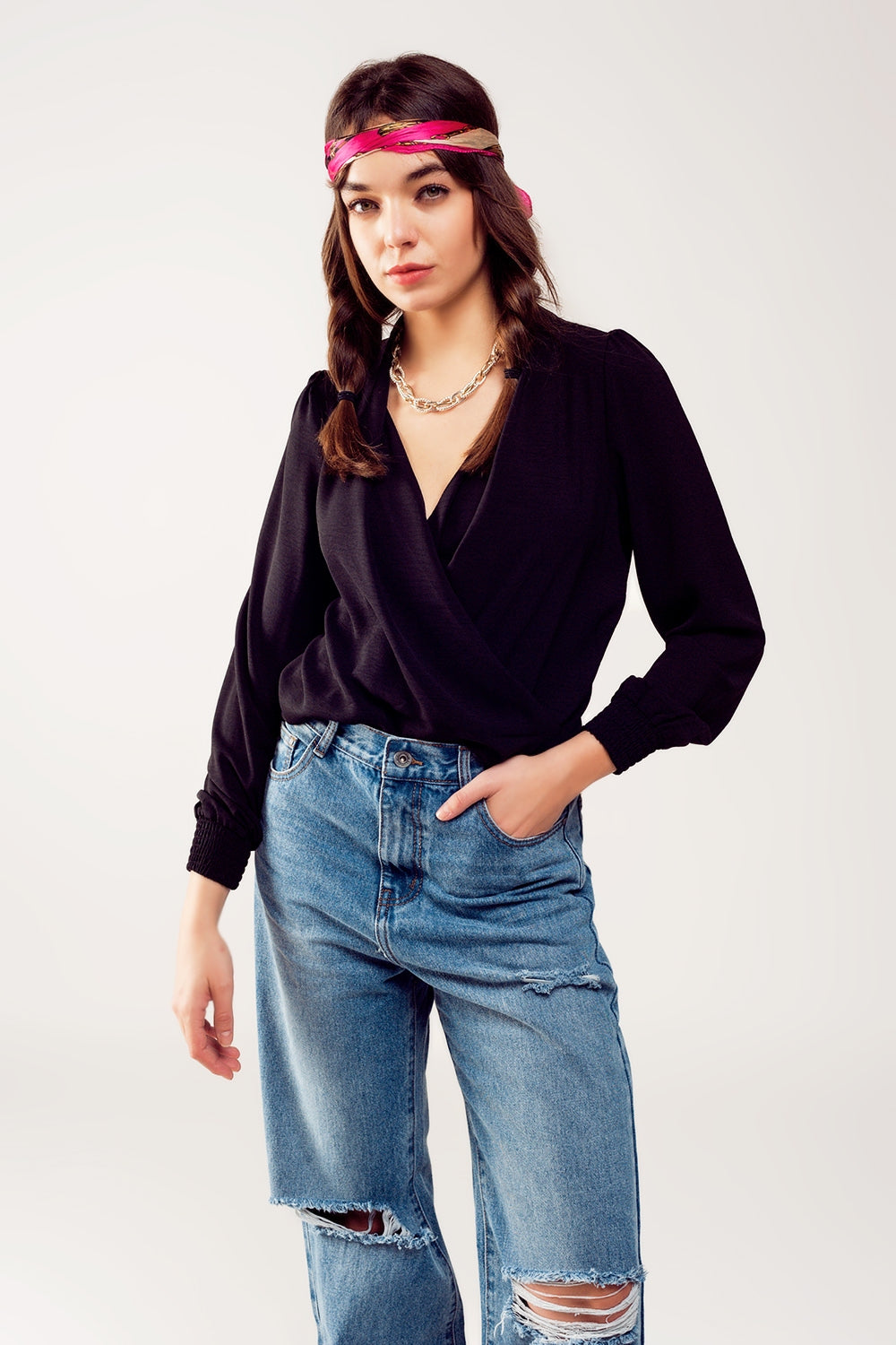 Blusa scalda cuore raso a maniche lunghe nera