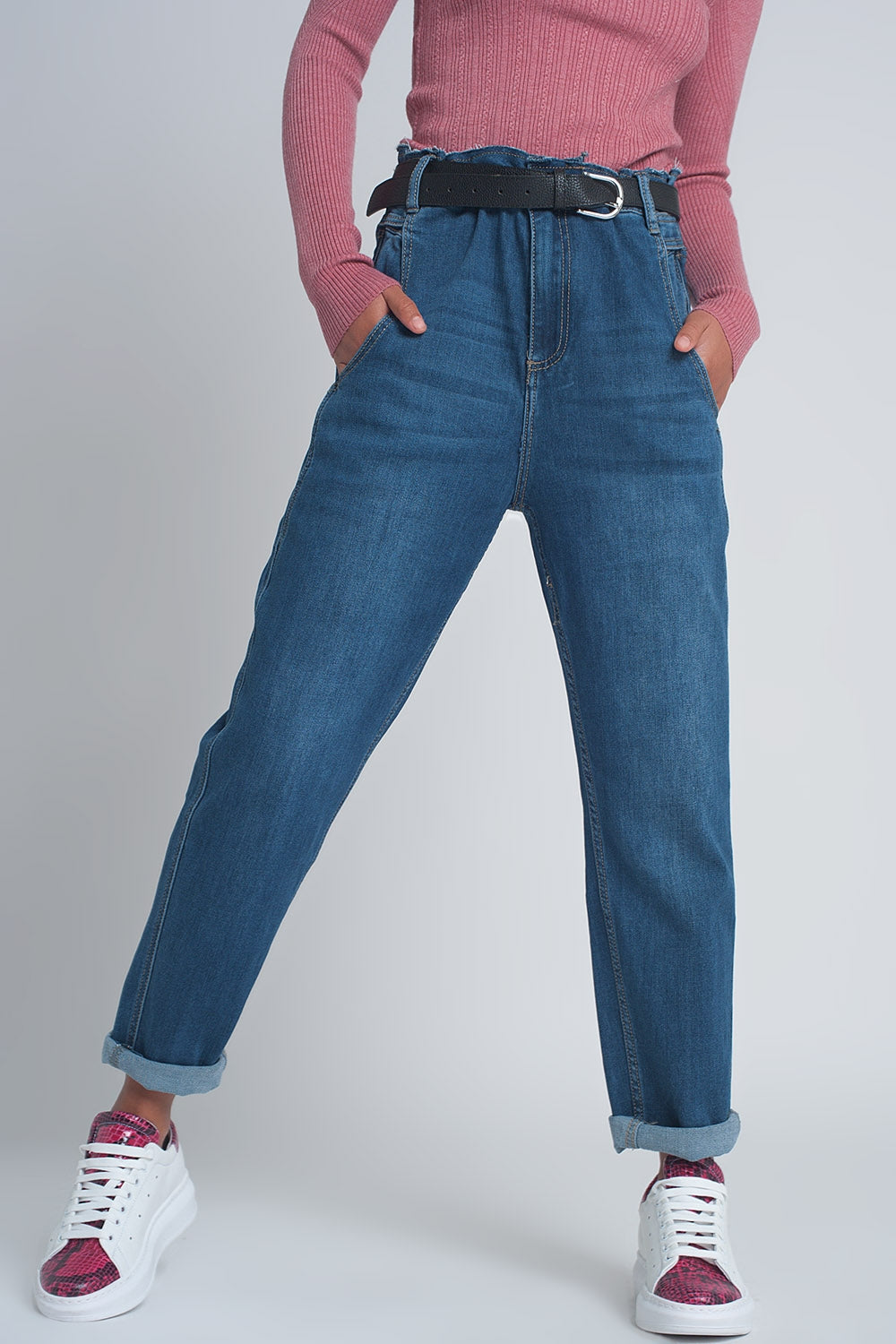 Boyfriend jeans a vita alta bombati azzurro blu