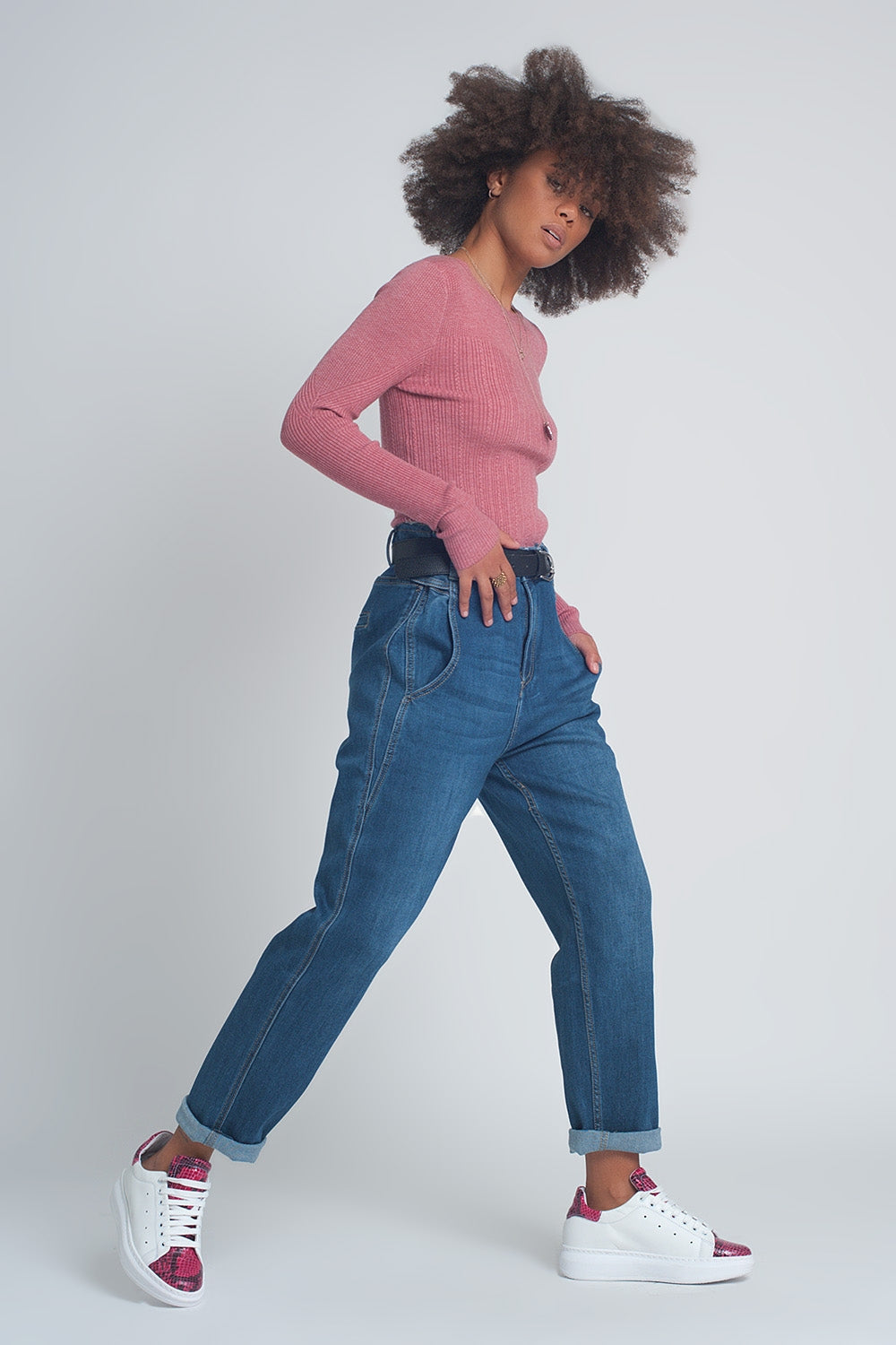 Boyfriend jeans a vita alta bombati azzurro blu