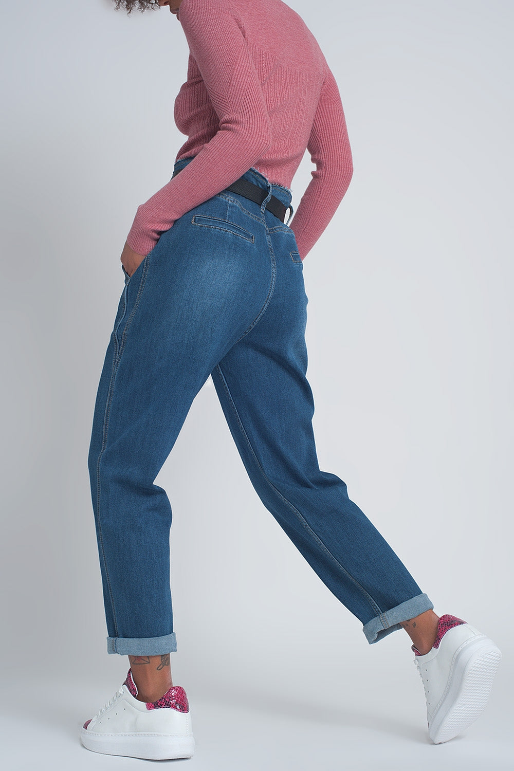 Boyfriend jeans a vita alta bombati azzurro blu