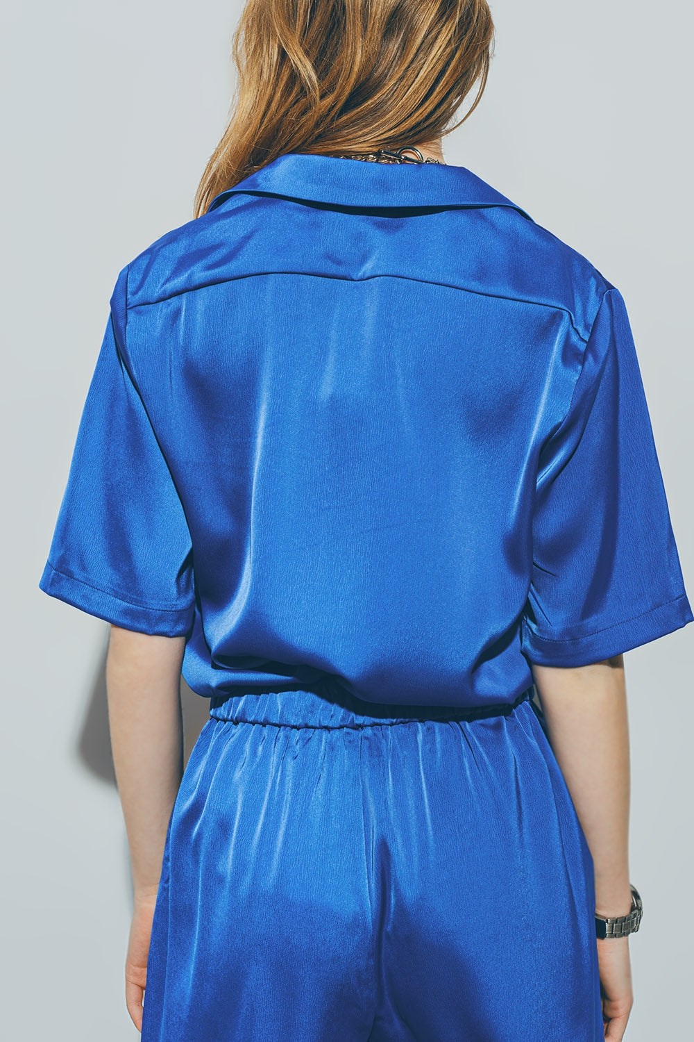 Camicia a Maniche Corte in Raso Blu