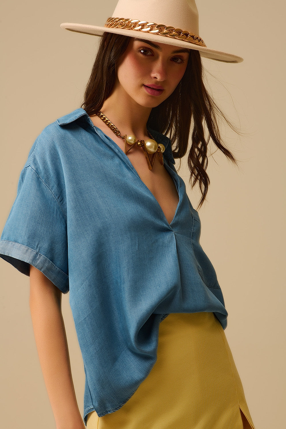 Camicia a maniche corte in Tencel con taschino sul petto in blu