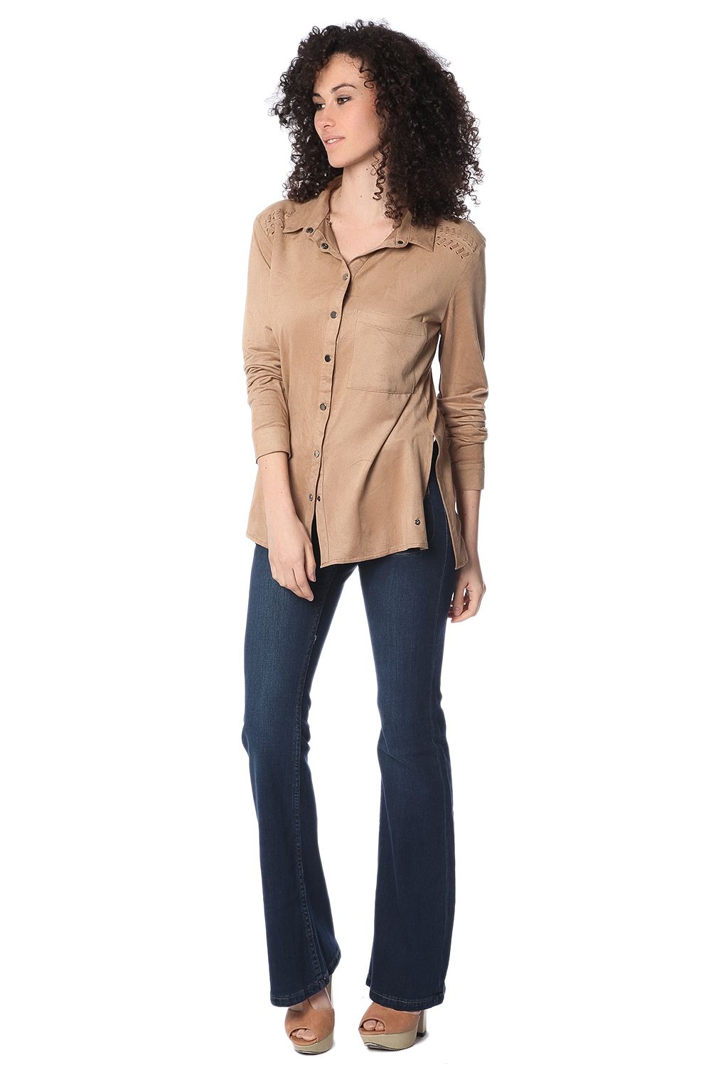 Camicia a maniche lunghe beige con allacciatura