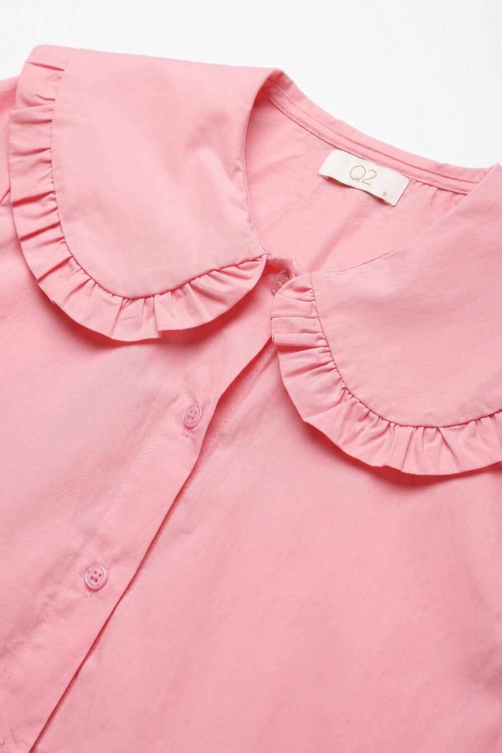Camicia a Maniche Lunghe con Colletto Prairie con Rouches in Popeline di Cotone Rosa