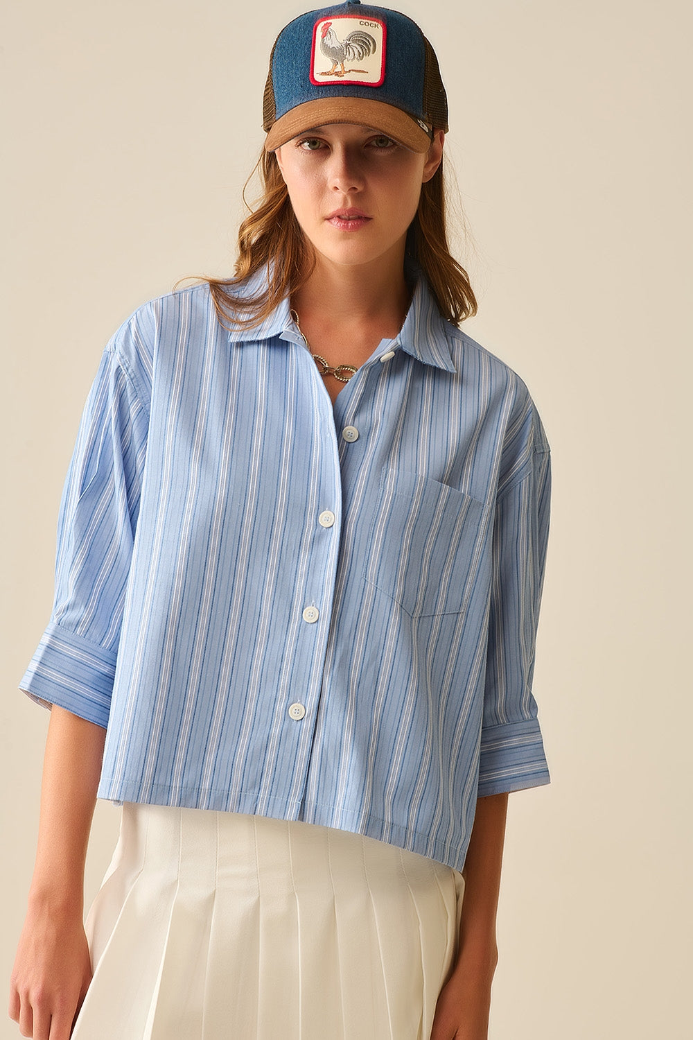 Camicia a righe oversize cropped in blu