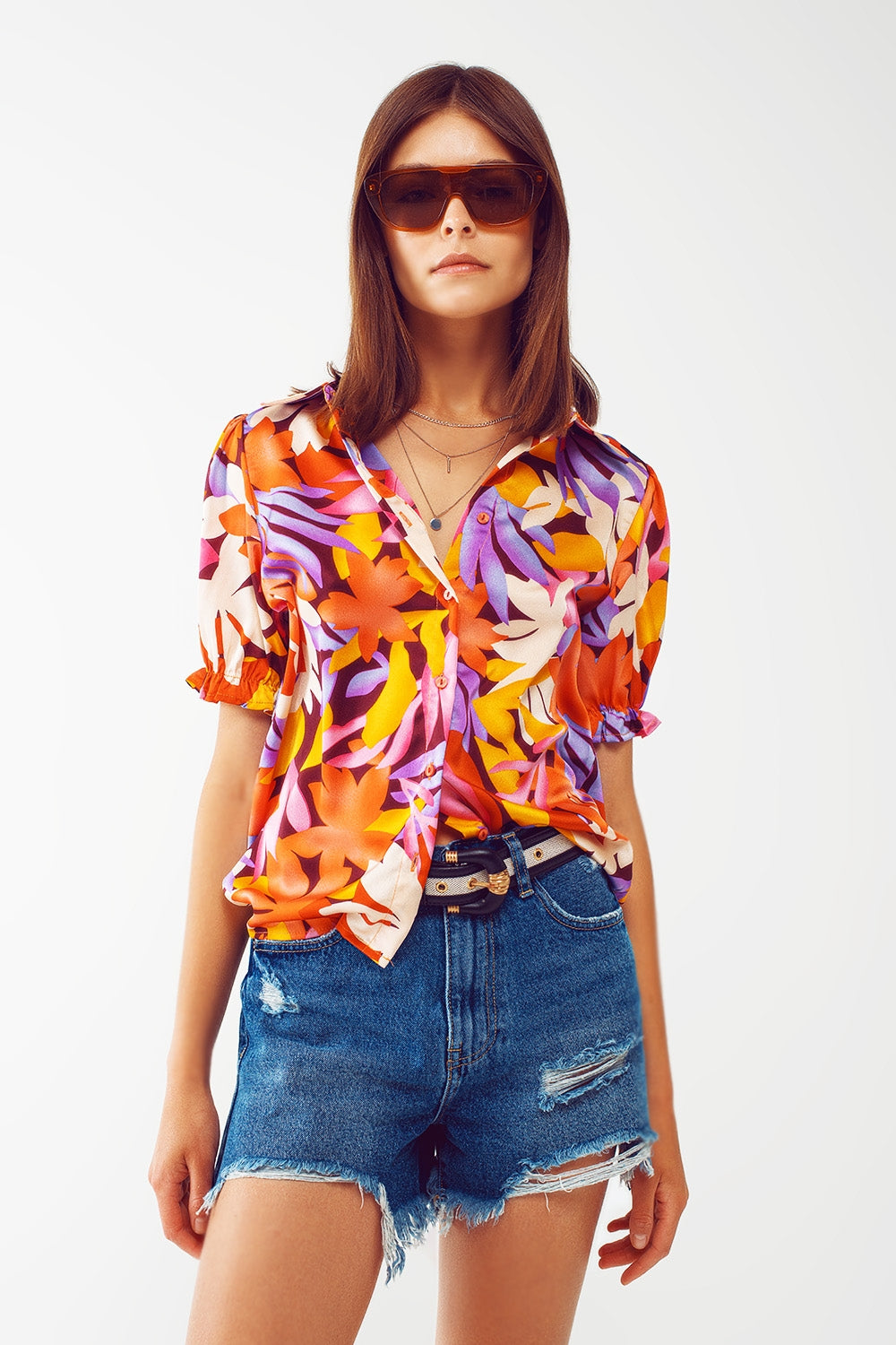 Camicia a stampa floreale con maniche elasticizzate multicolore