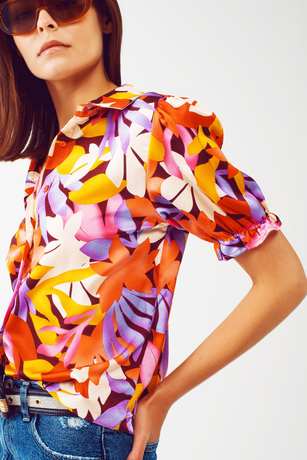Camicia a stampa floreale con maniche elasticizzate multicolore