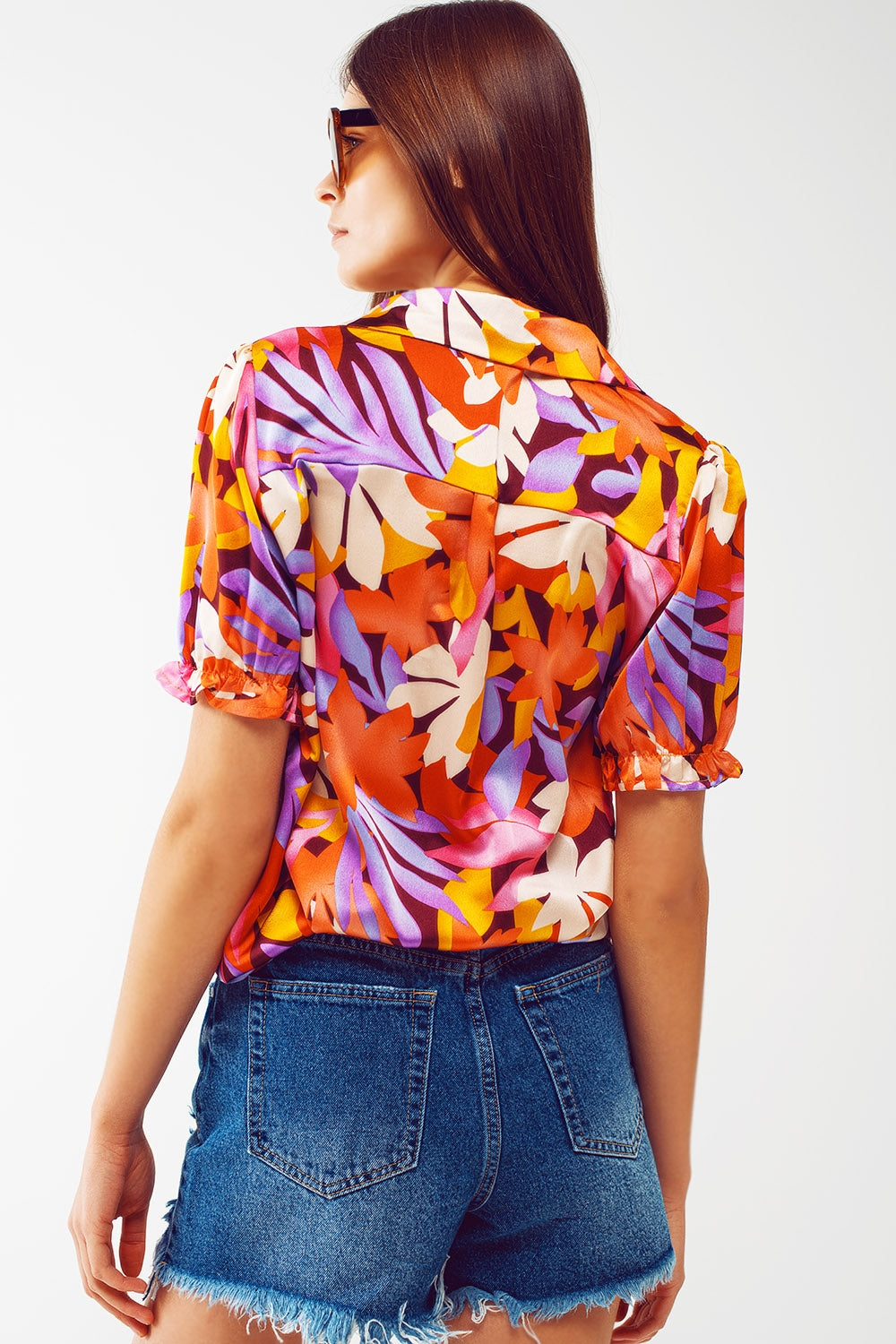 Camicia a stampa floreale con maniche elasticizzate multicolore