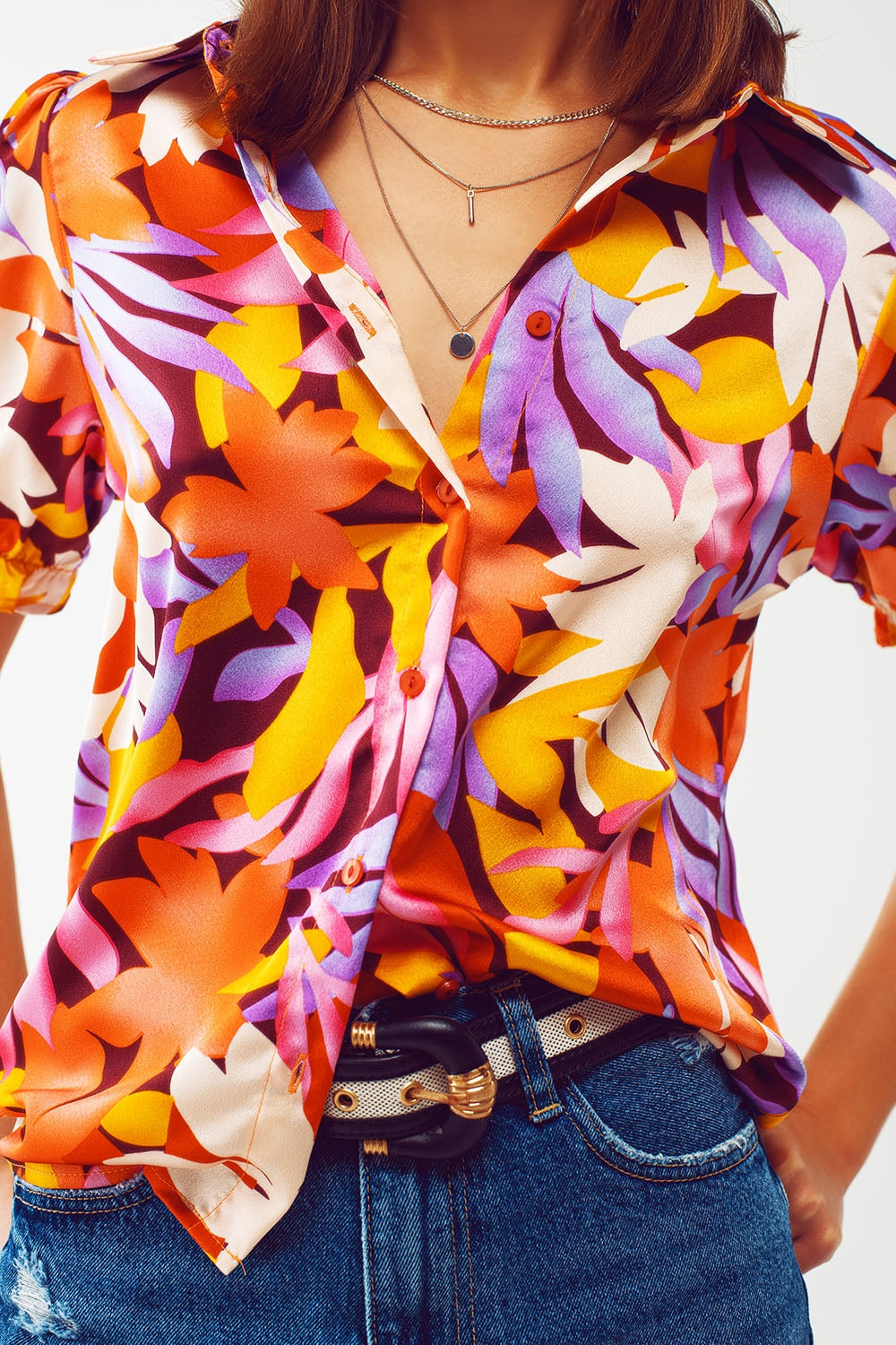 Camicia a stampa floreale con maniche elasticizzate multicolore