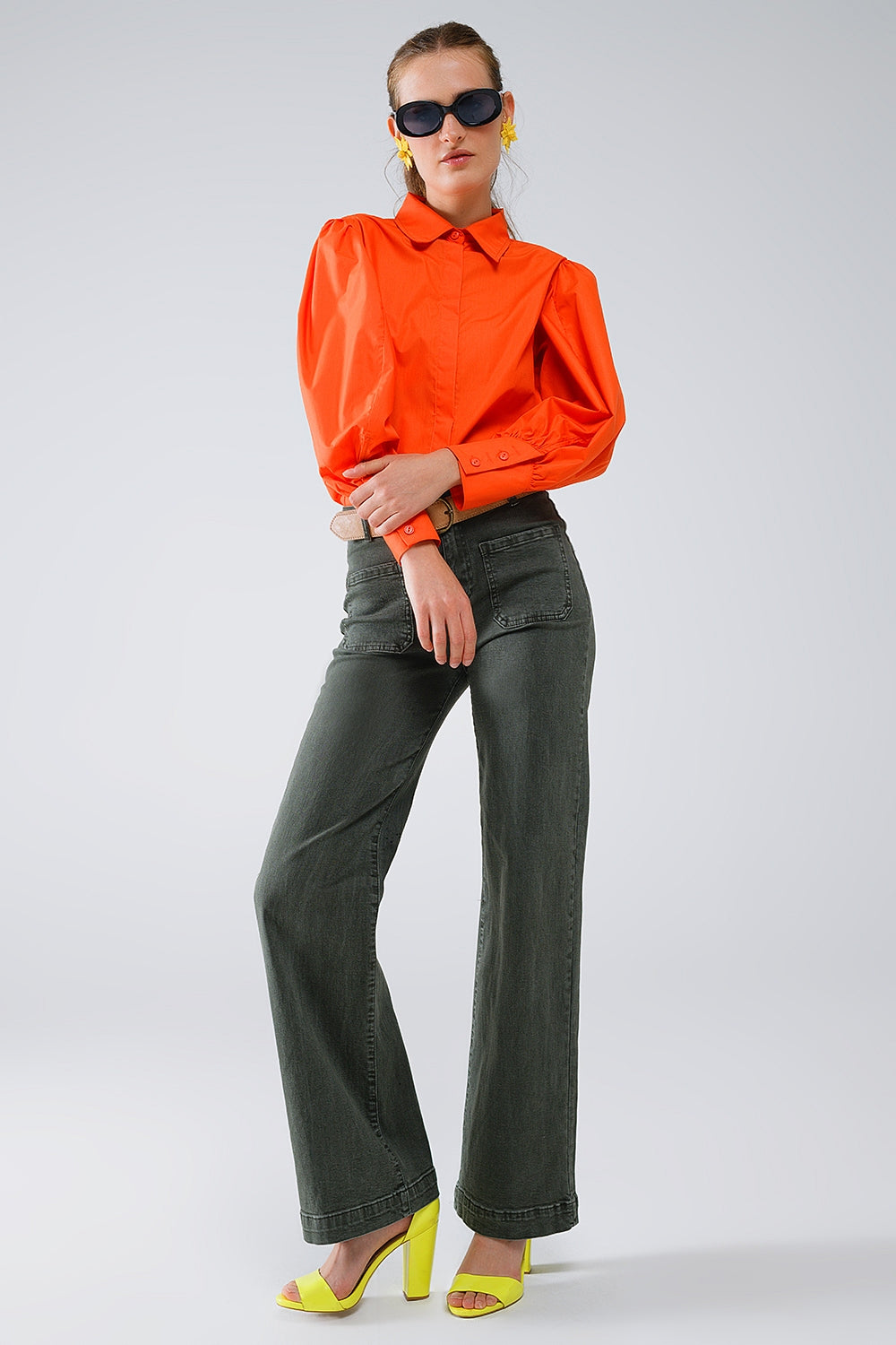 Camicia basic in popeline arancione con maniche lunghe a palloncino