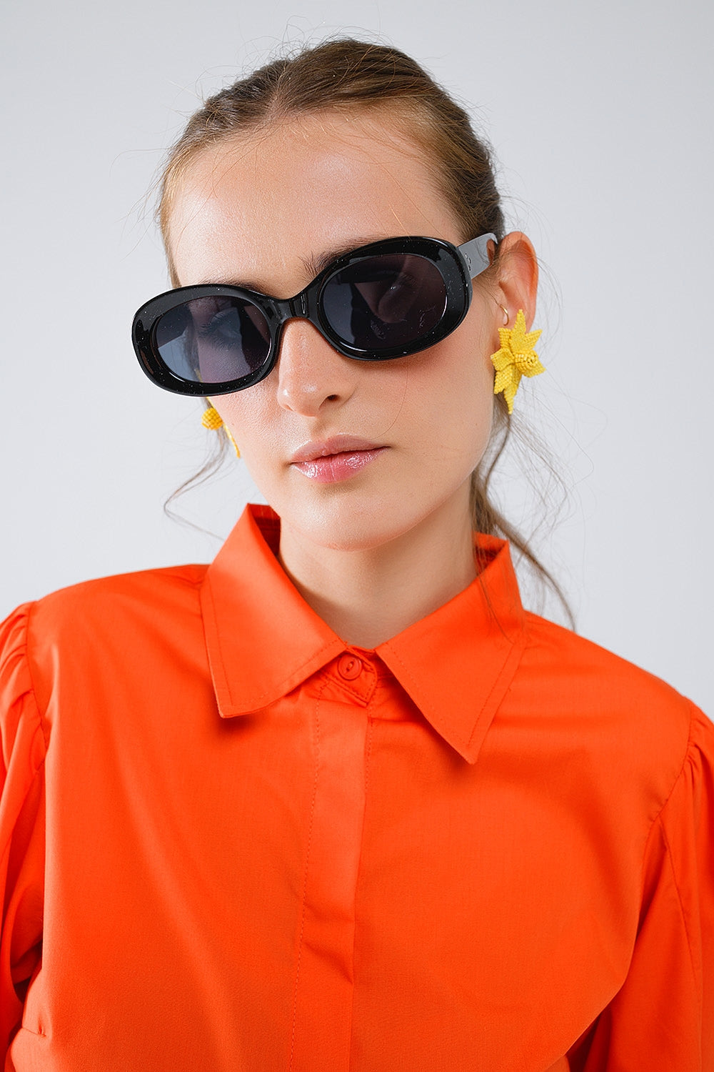 Camicia basic in popeline arancione con maniche lunghe a palloncino