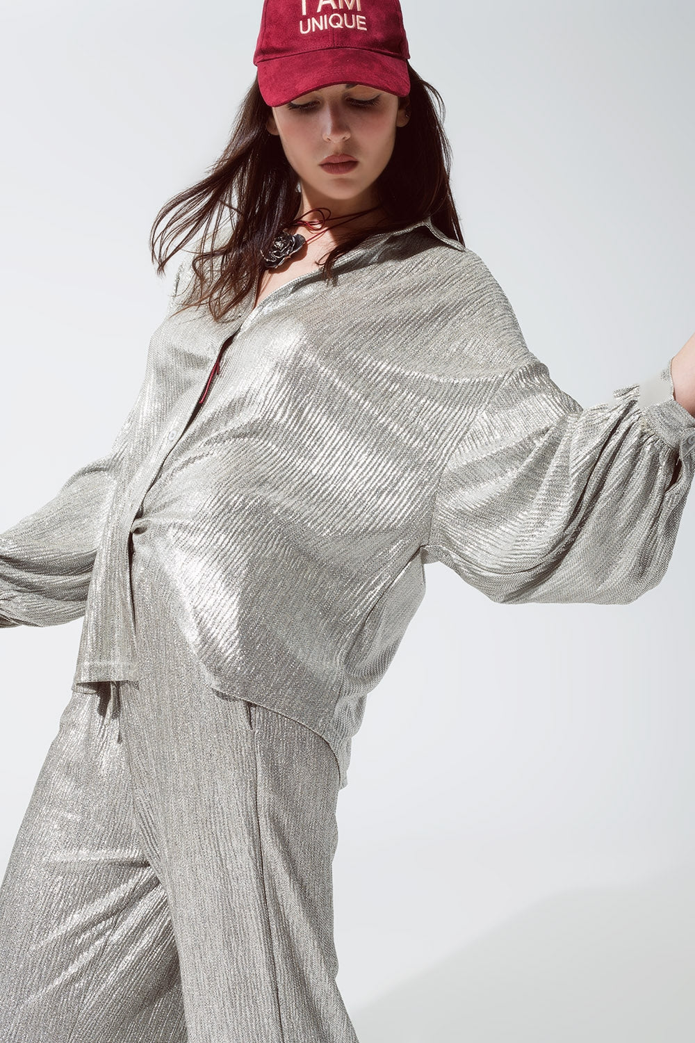 Camicia button down dal taglio rilassato con maniche a palloncino in argento