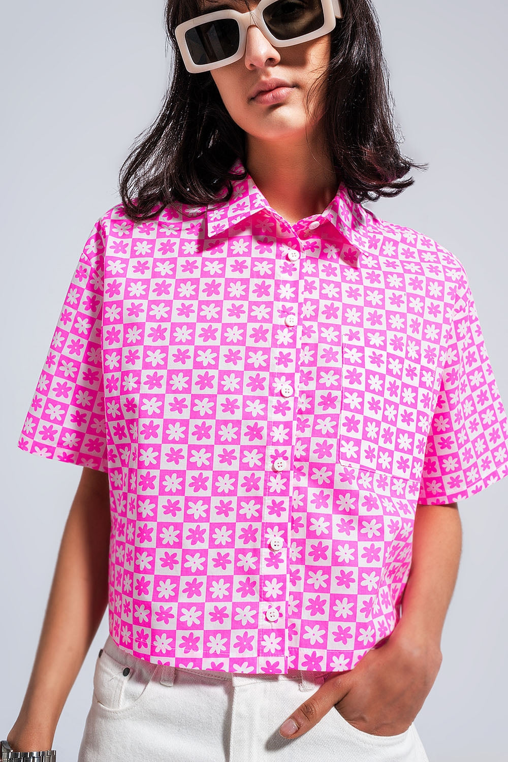 Camicia corta rosa anni 90 con bottoni
