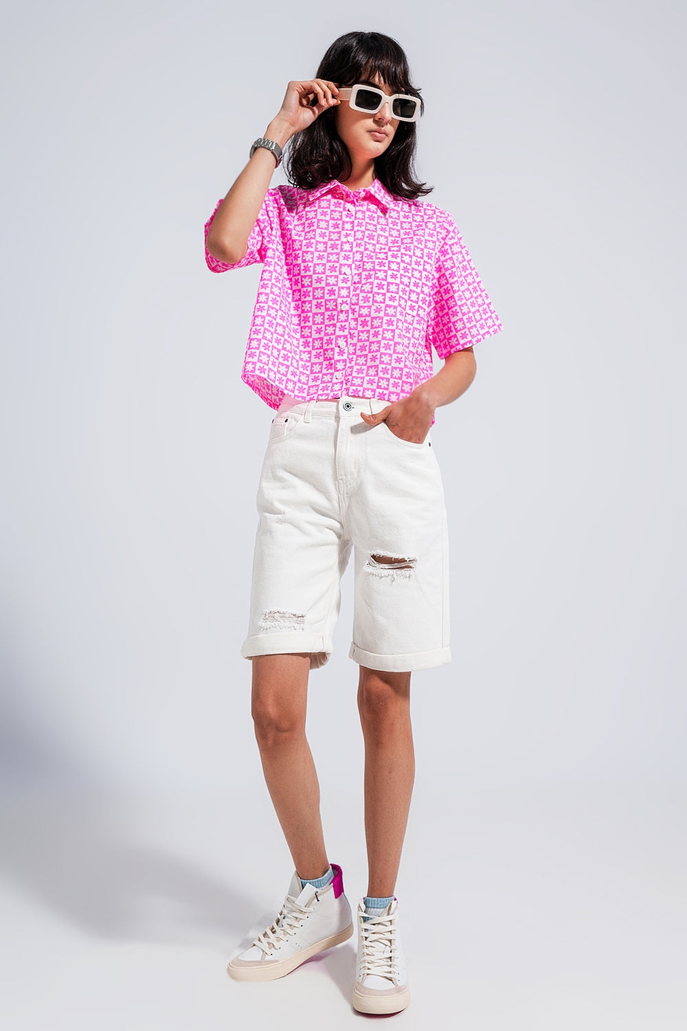 Camicia corta rosa anni 90 con bottoni