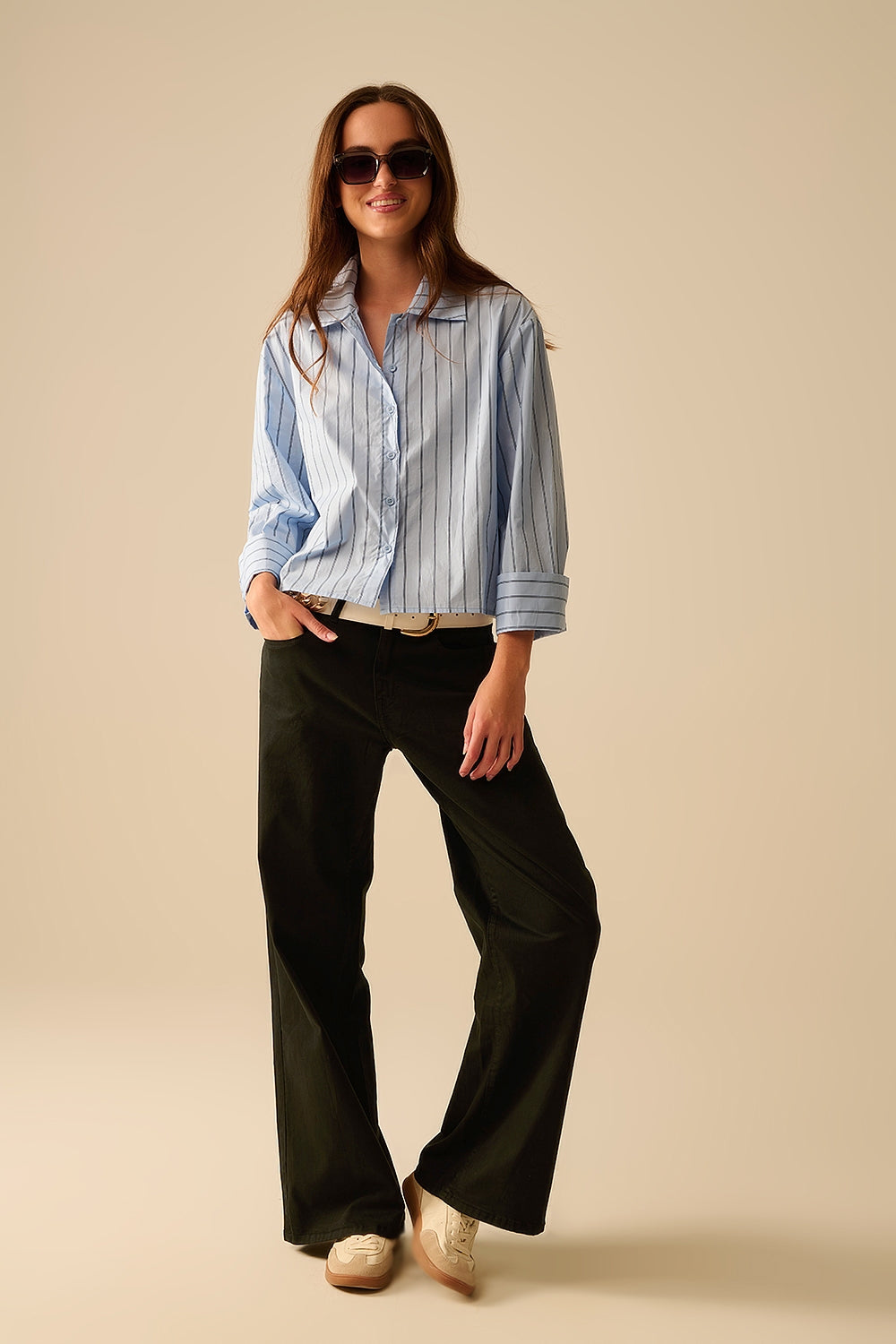 camicia cropped in popeline a righe blu