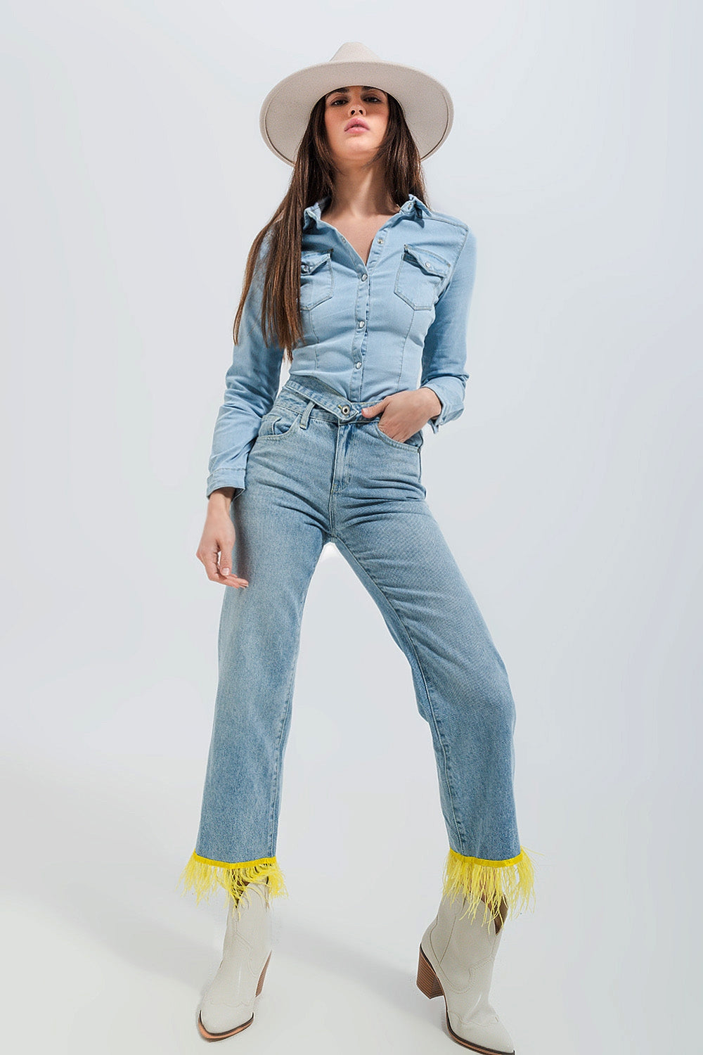 Camicia di jeans skinny lavaggio blu chiaro stile western
