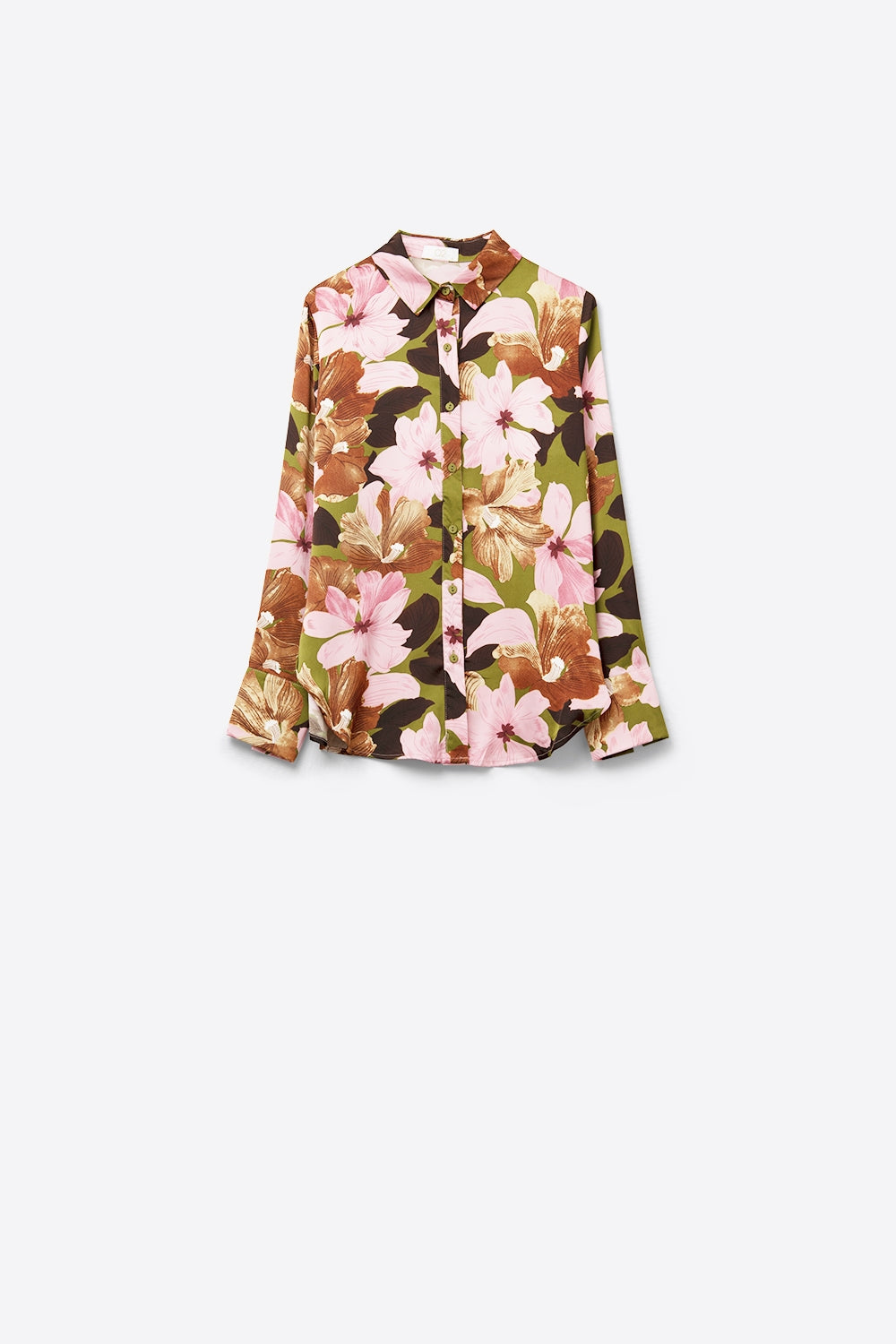 Camicia floreale tropicale in raso verde oliva