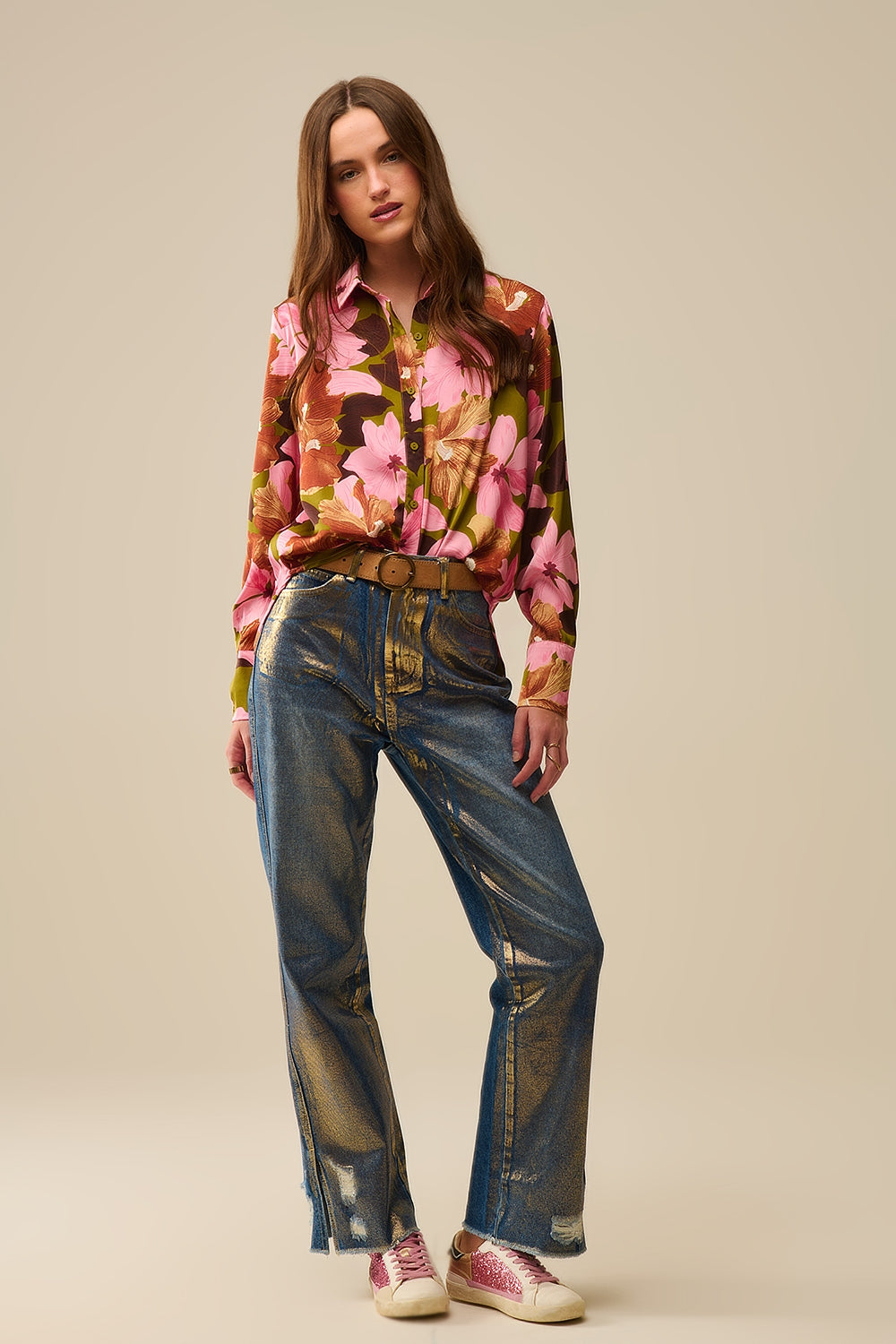 Camicia floreale tropicale in raso verde oliva