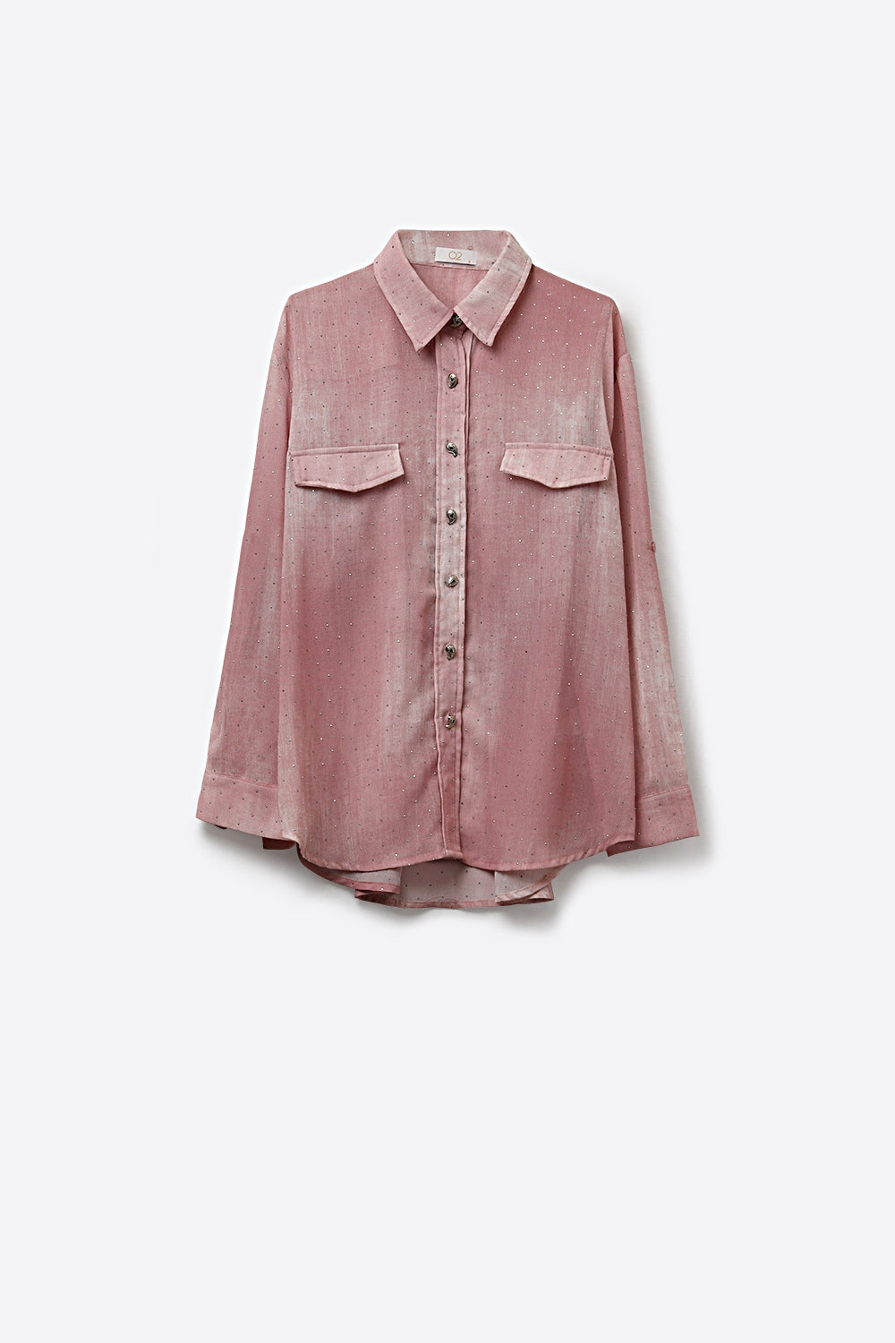 Camicia in chiffon rosa con dettagli di strass e tasche sul petto
