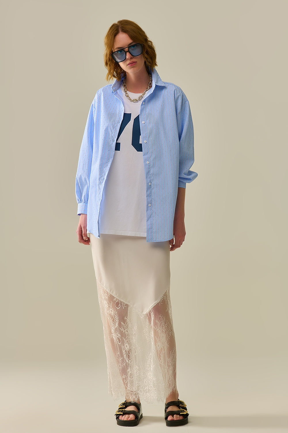 camicia in popeline a righe blu impreziosita da strass