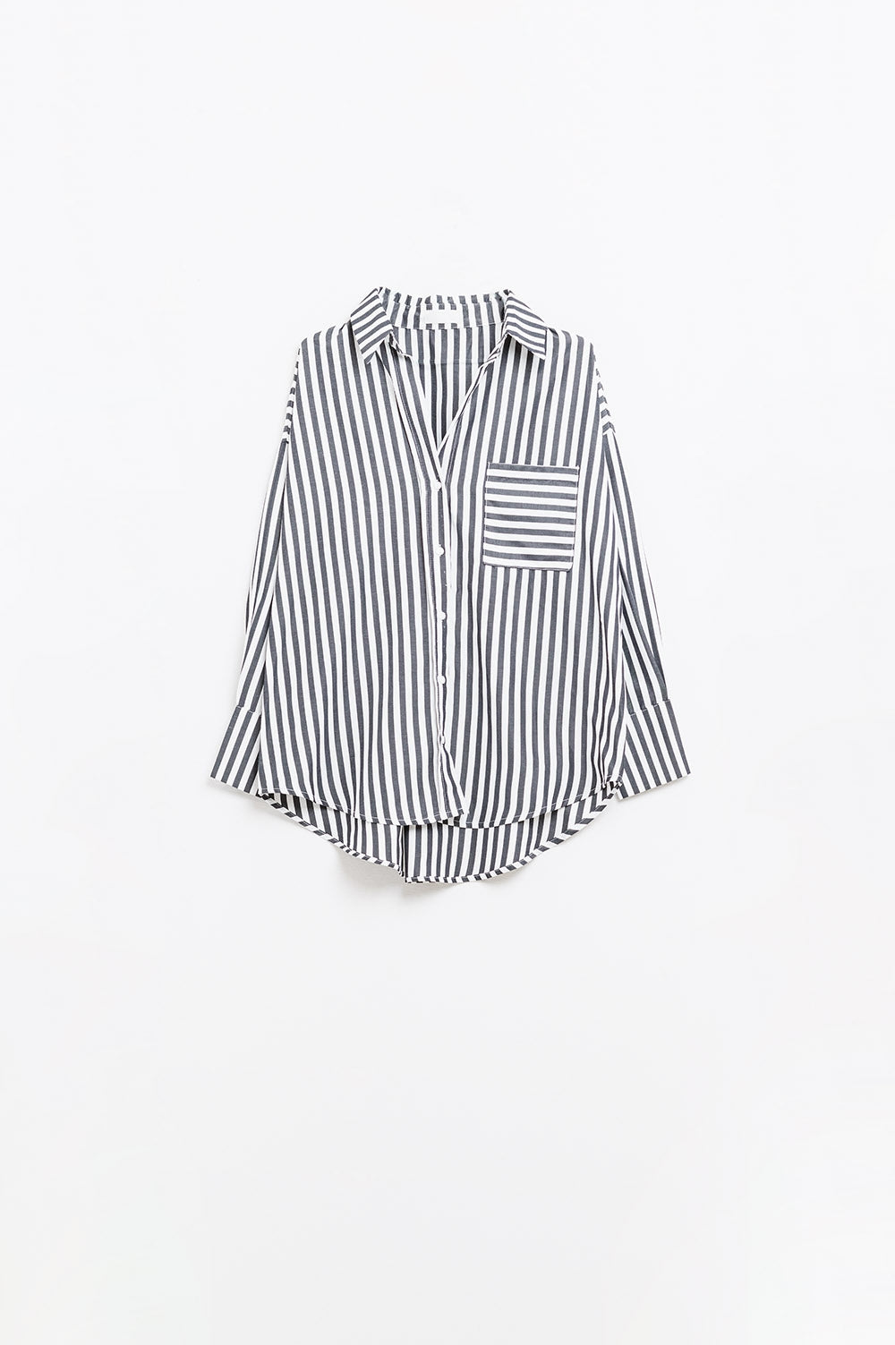 Camicia in popeline a righe verticali nere con taschino sul petto