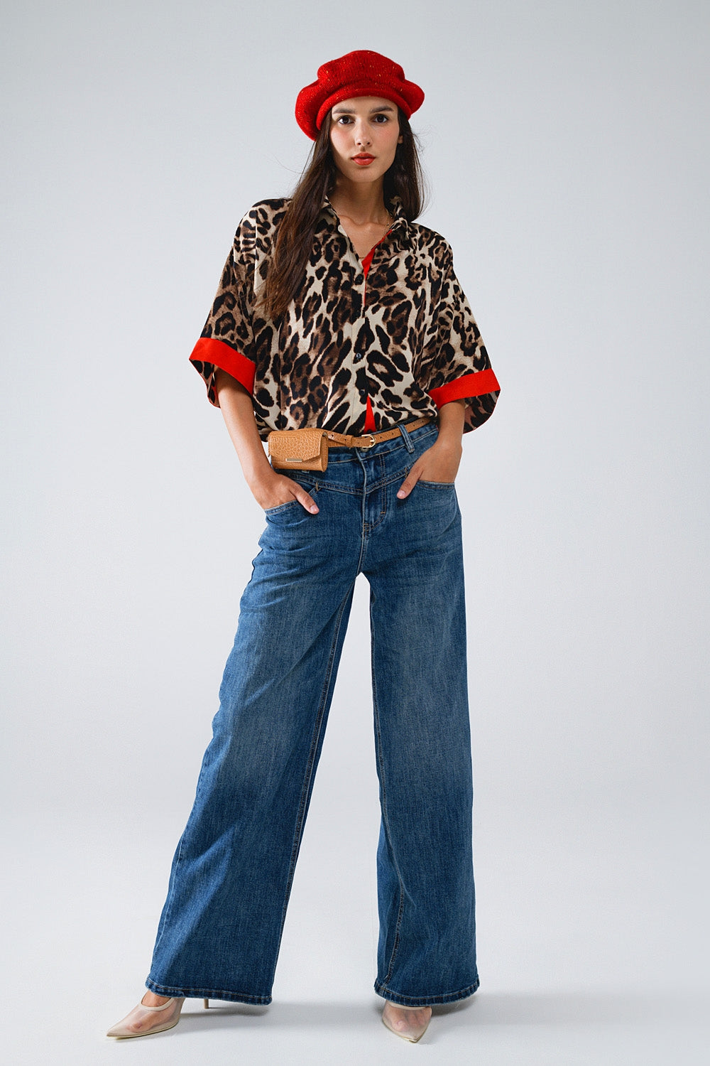 Camicia leopardata a maniche 3/4 con dettagli rossi
