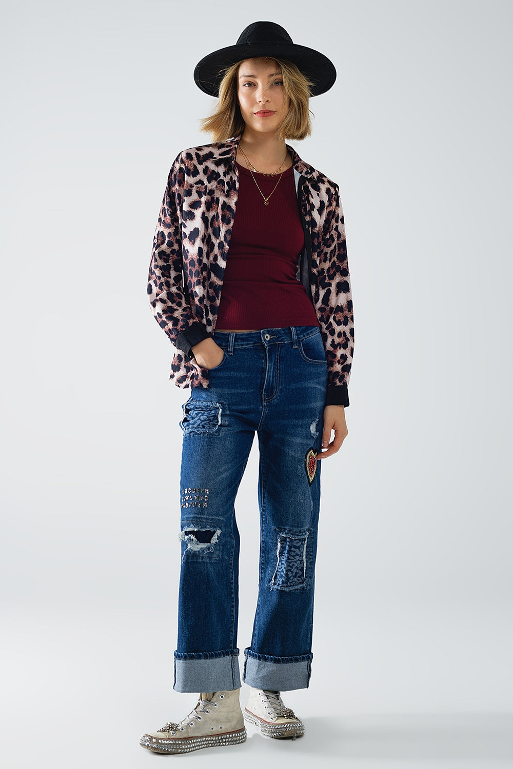 camicia leopardata con dettaglio in raso nero