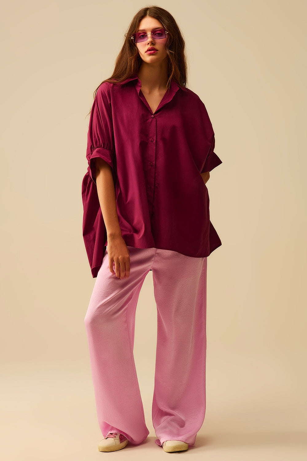 Camicia oversize bordeaux con maniche corte