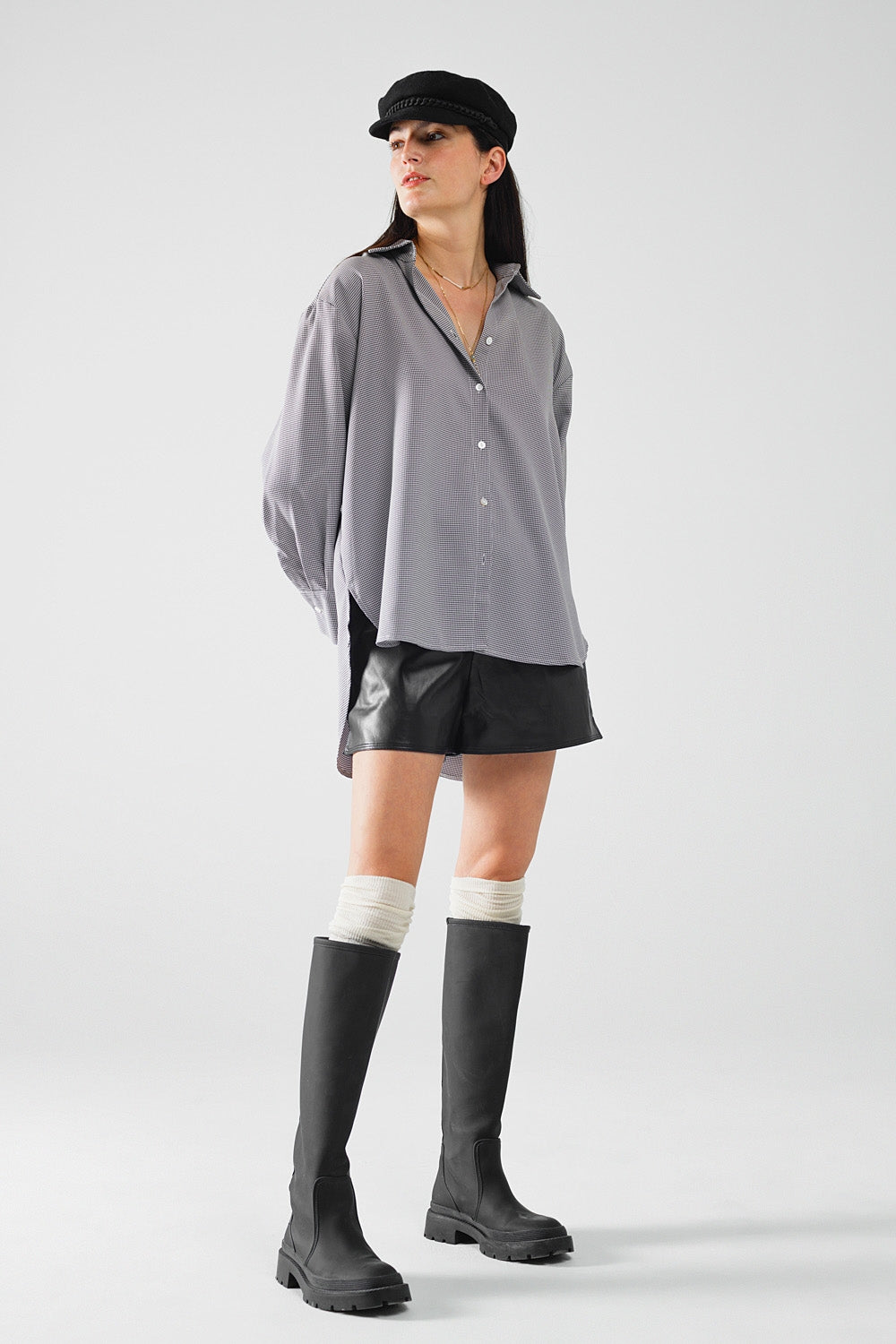 Camicia oversize in percalle con dettaglio a fiocco in bianco e nero