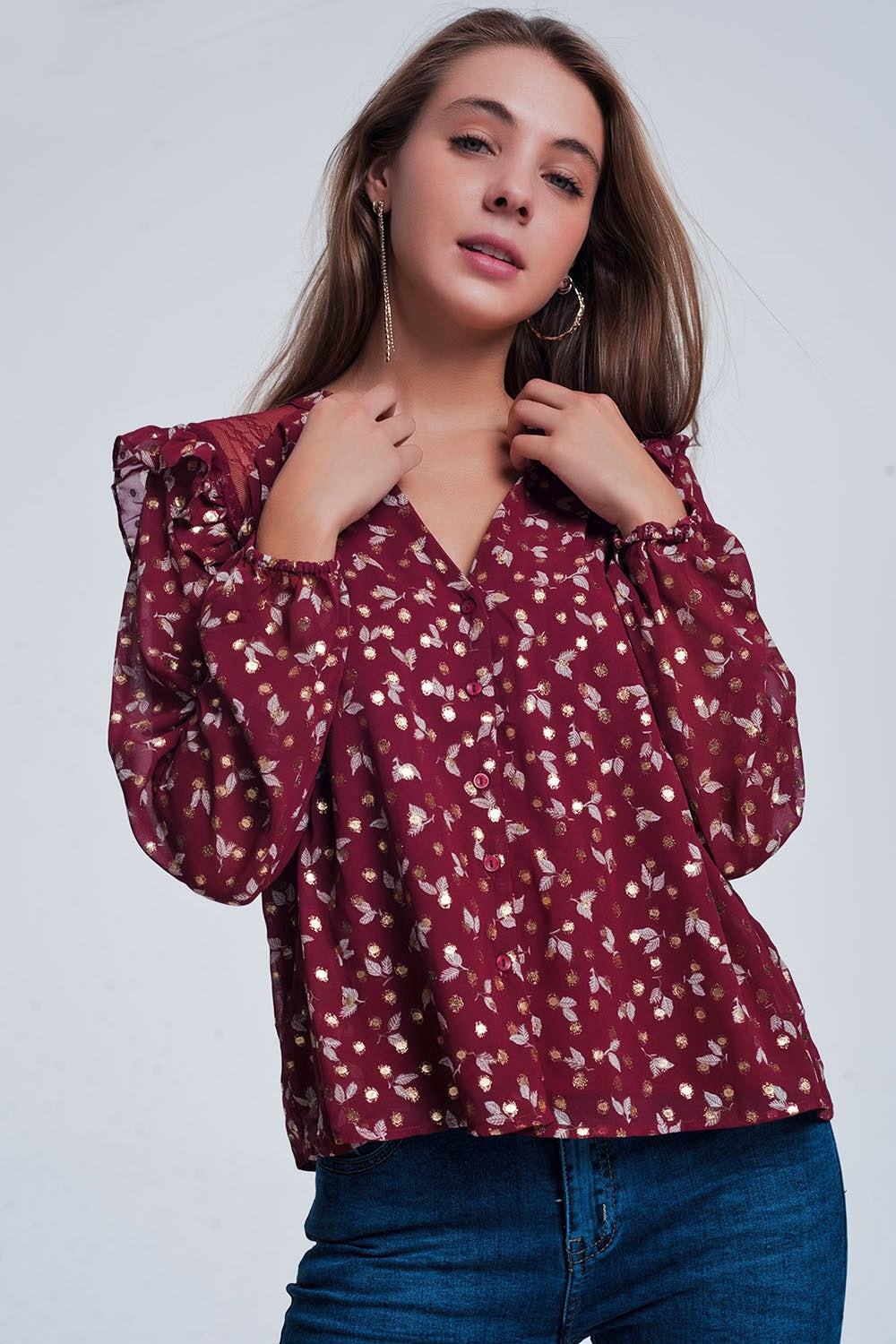 Camicia rossiccio stampata con volant sulle spalle